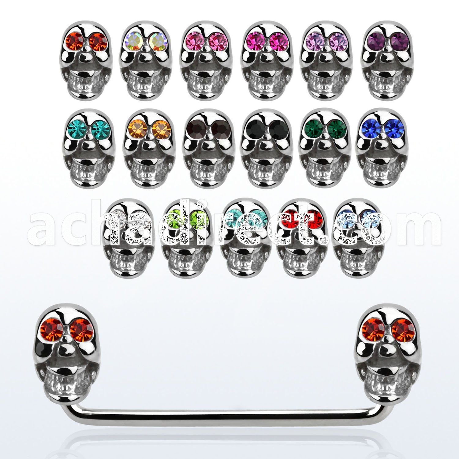 sudsk9c 316l steel 90 surface barbell w crystal steel skulls