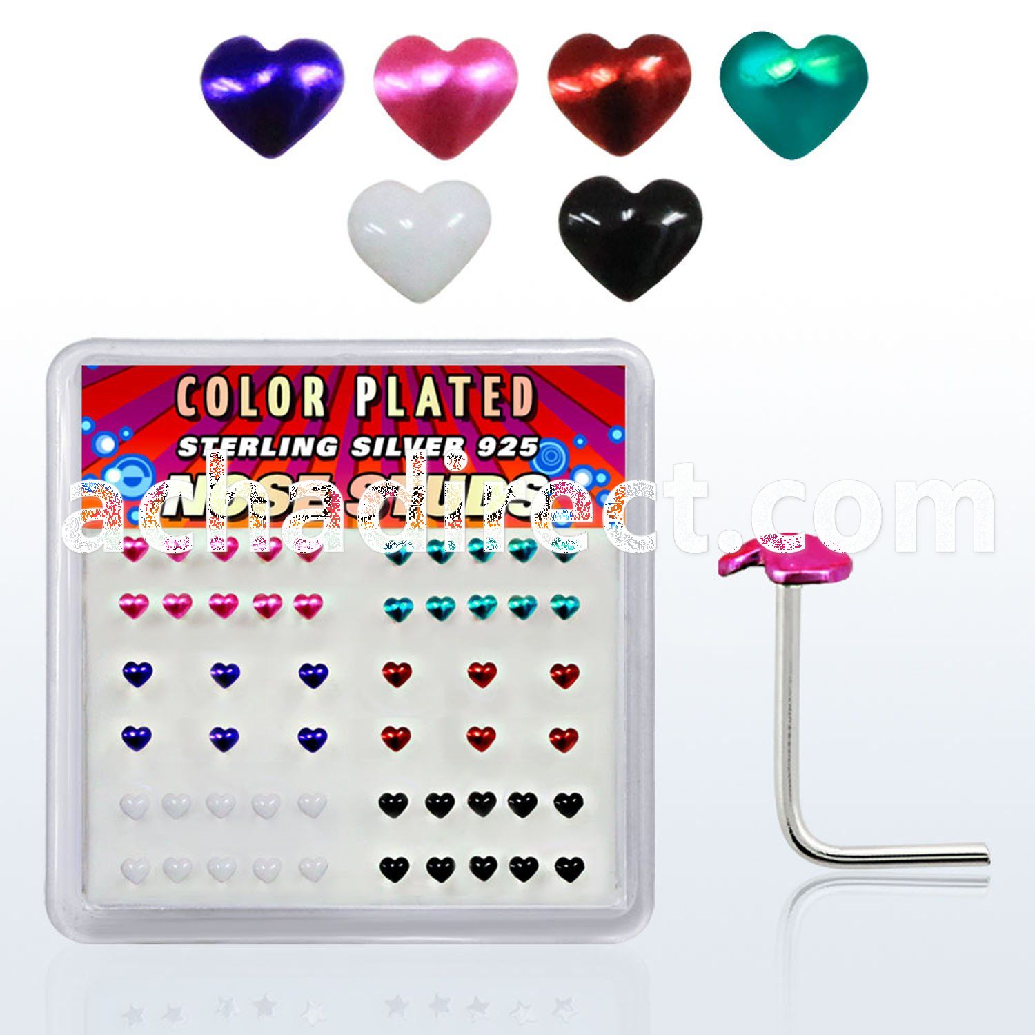 sxphr box of silver nose studs with 2 5mm color heart top