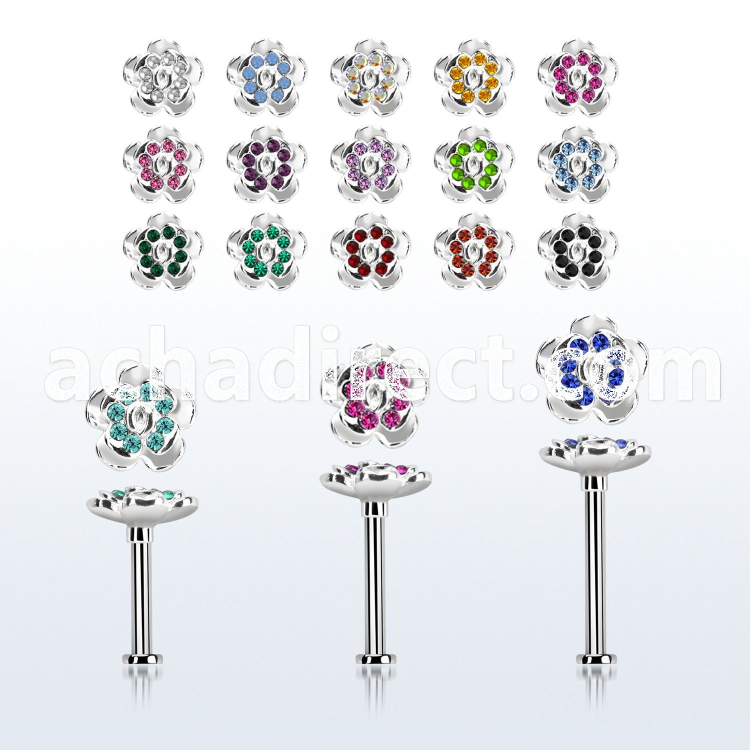 tlb38 steel tragus labret w a crystal flower upper part