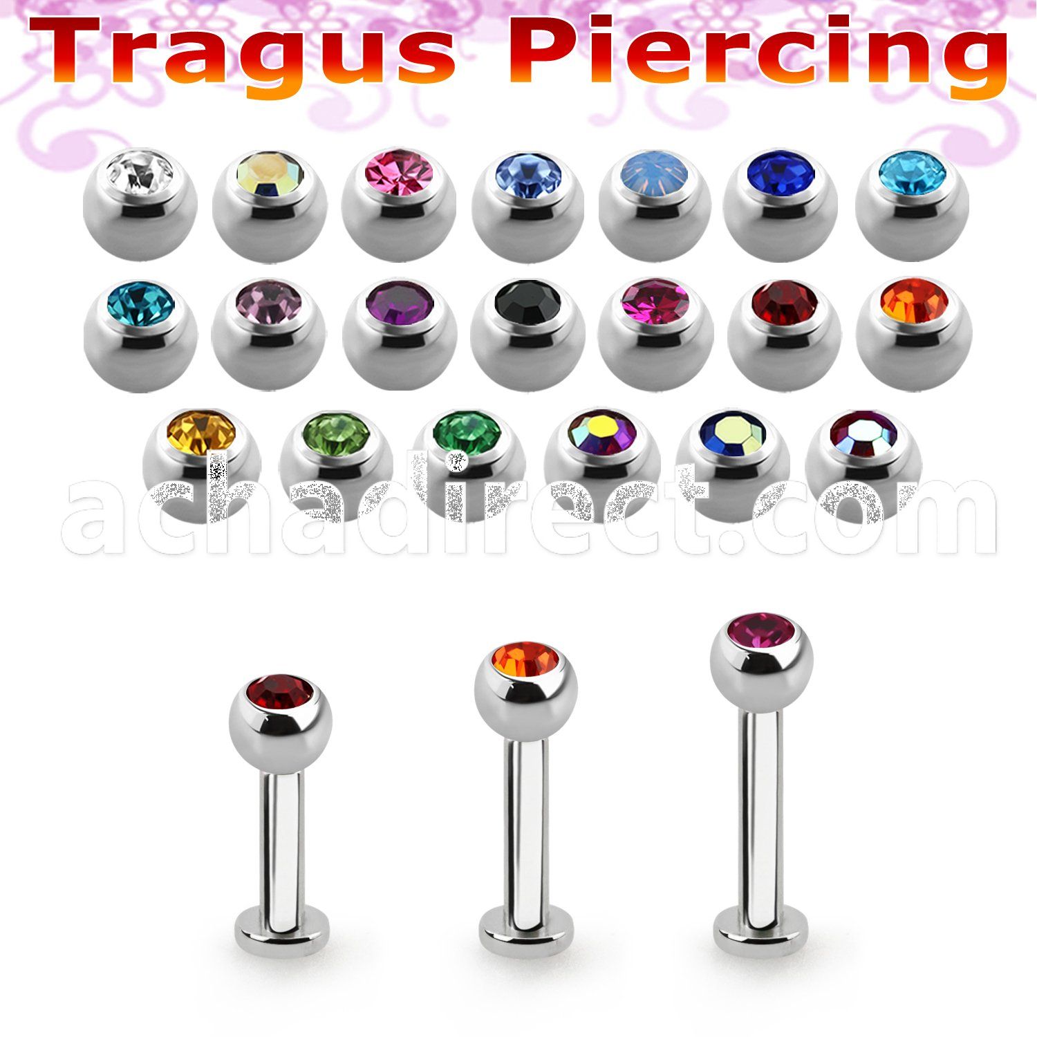 tlbc3 316l steel tragus labret 16g w 3mm bezel set jewel ball 