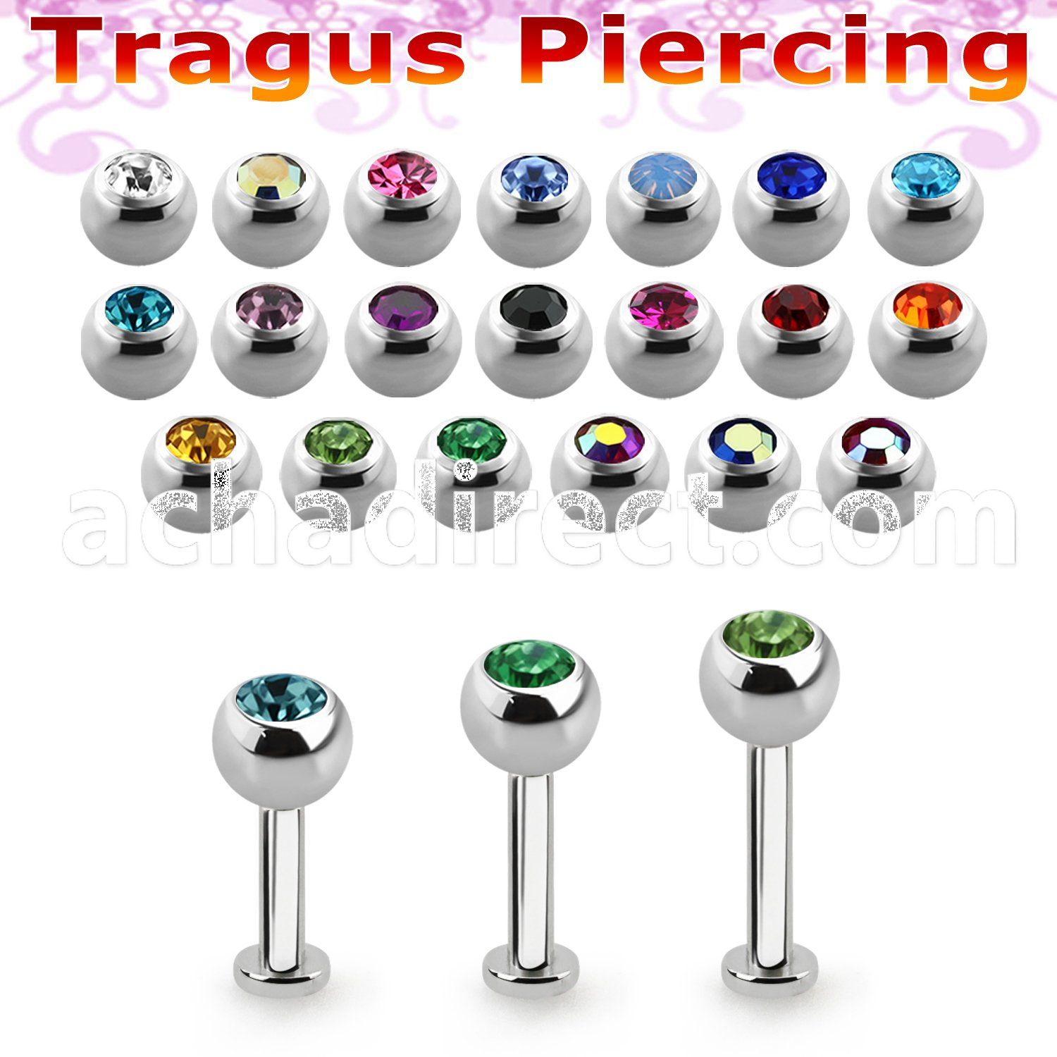 tlbc4s 316l steel tragus labret 16g w 4mm bezel set jewel ball 