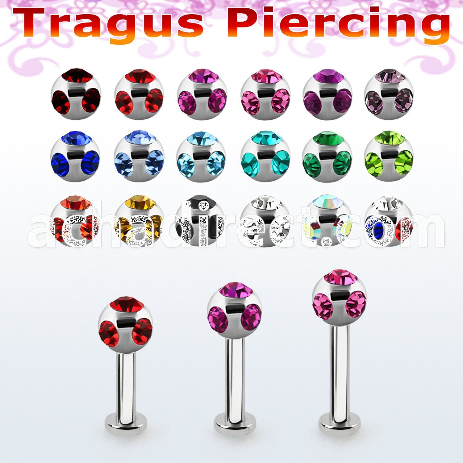 tlbca4 316l steel tragus labret 16g w 4mm multi jewel ball 
