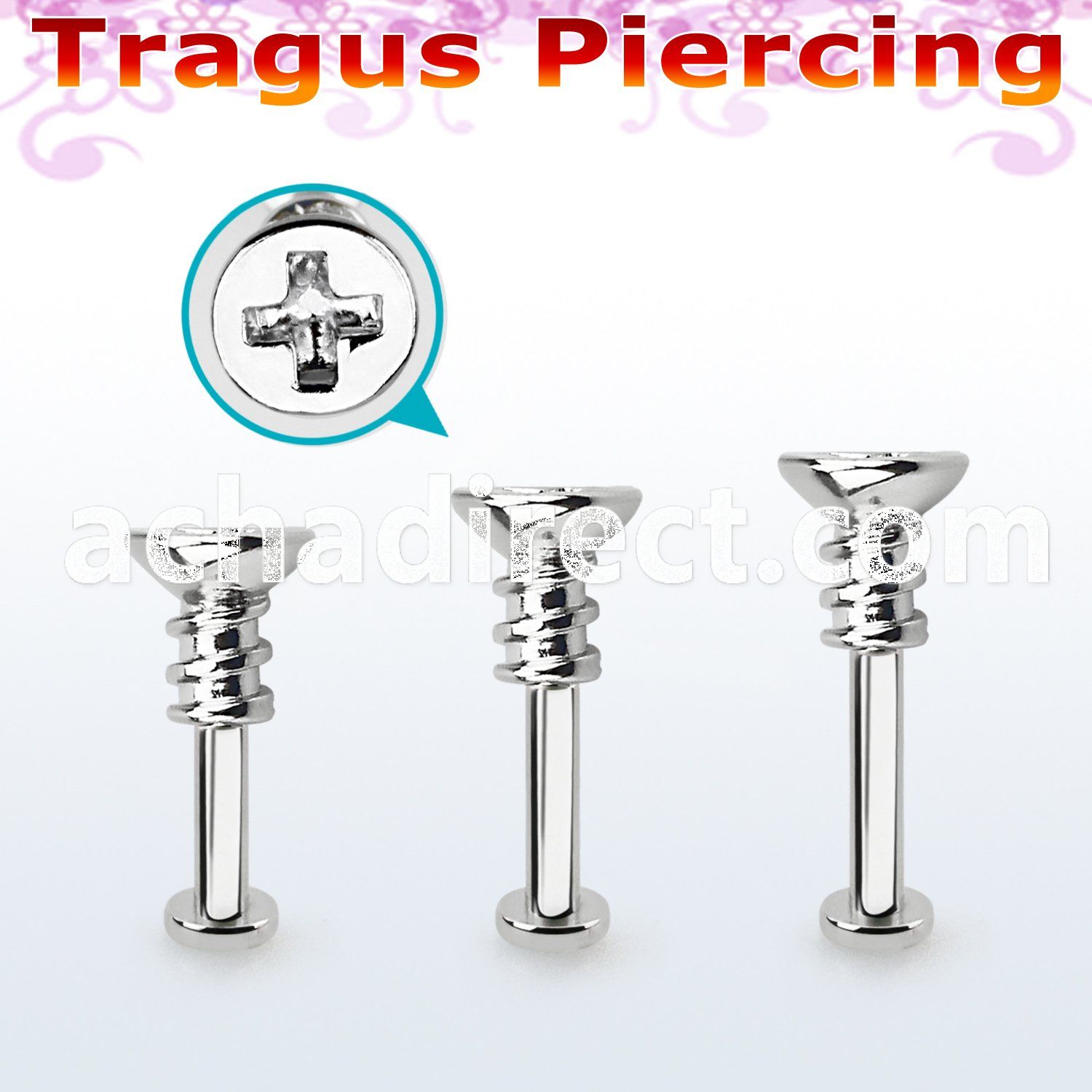 tlbescw2 316l steel tragus labret 16g w a cross screw top 