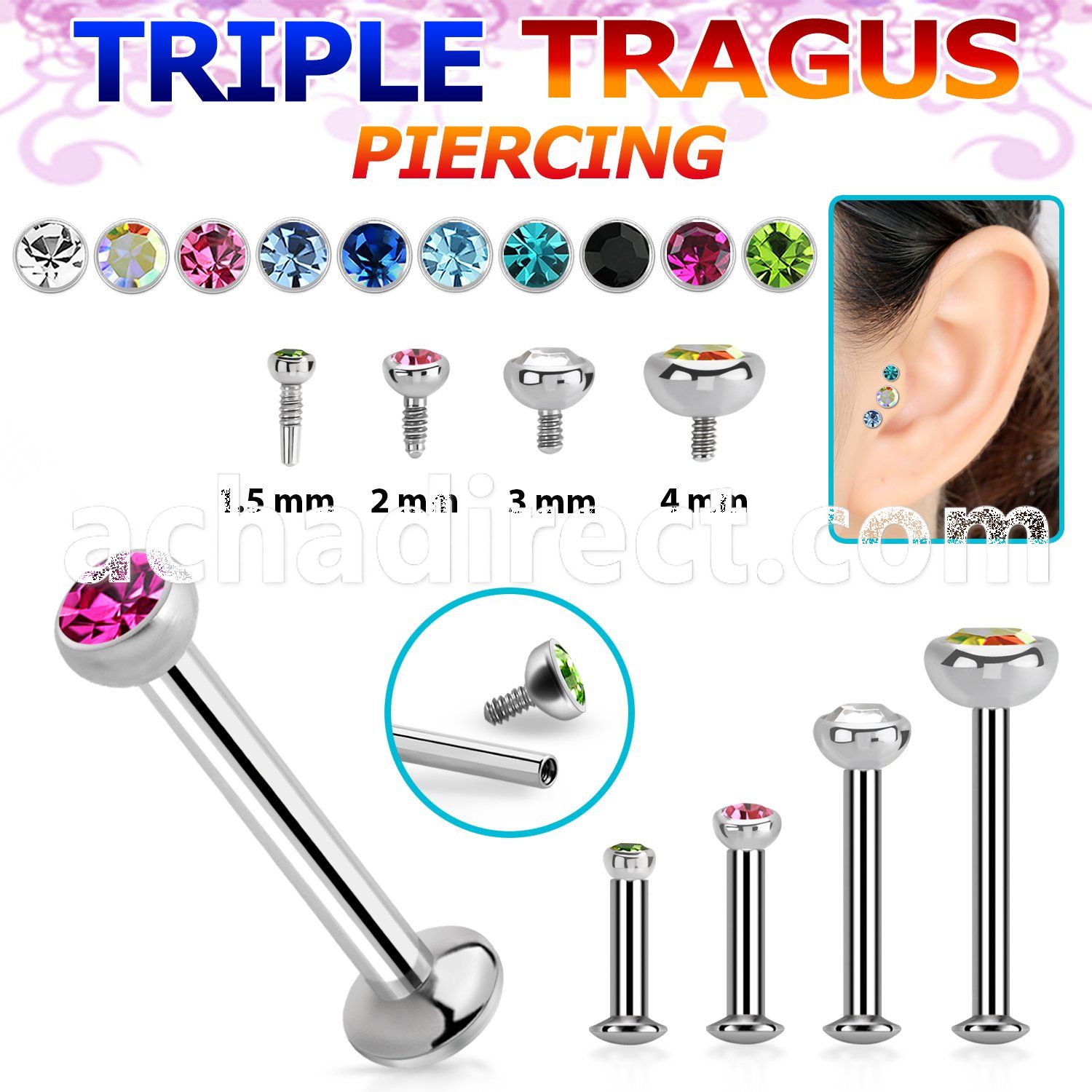 tlbirc steel internally threaded tragus labret jewel flat head