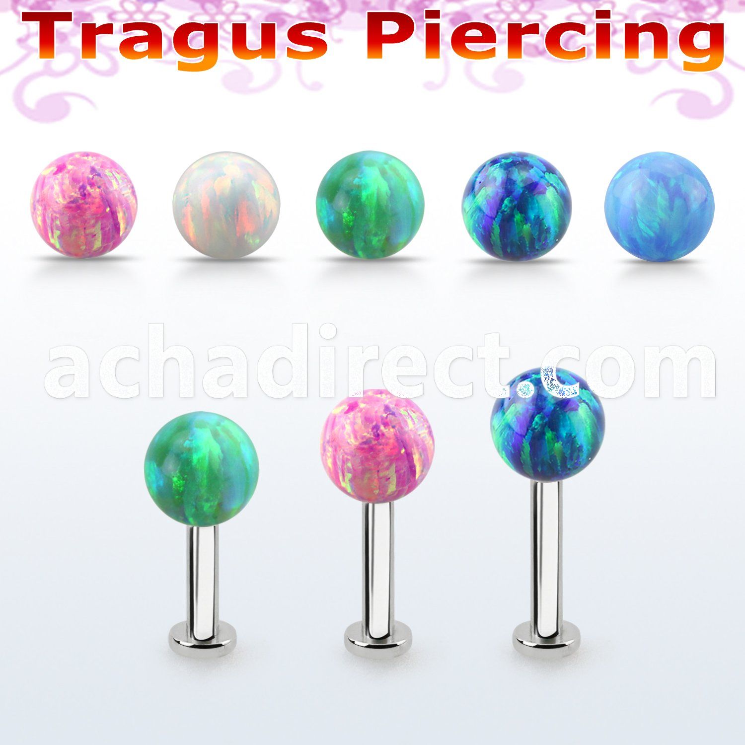 tlbop5s 316l steel tragus labret 16g w 5mm synthetic opal ball 