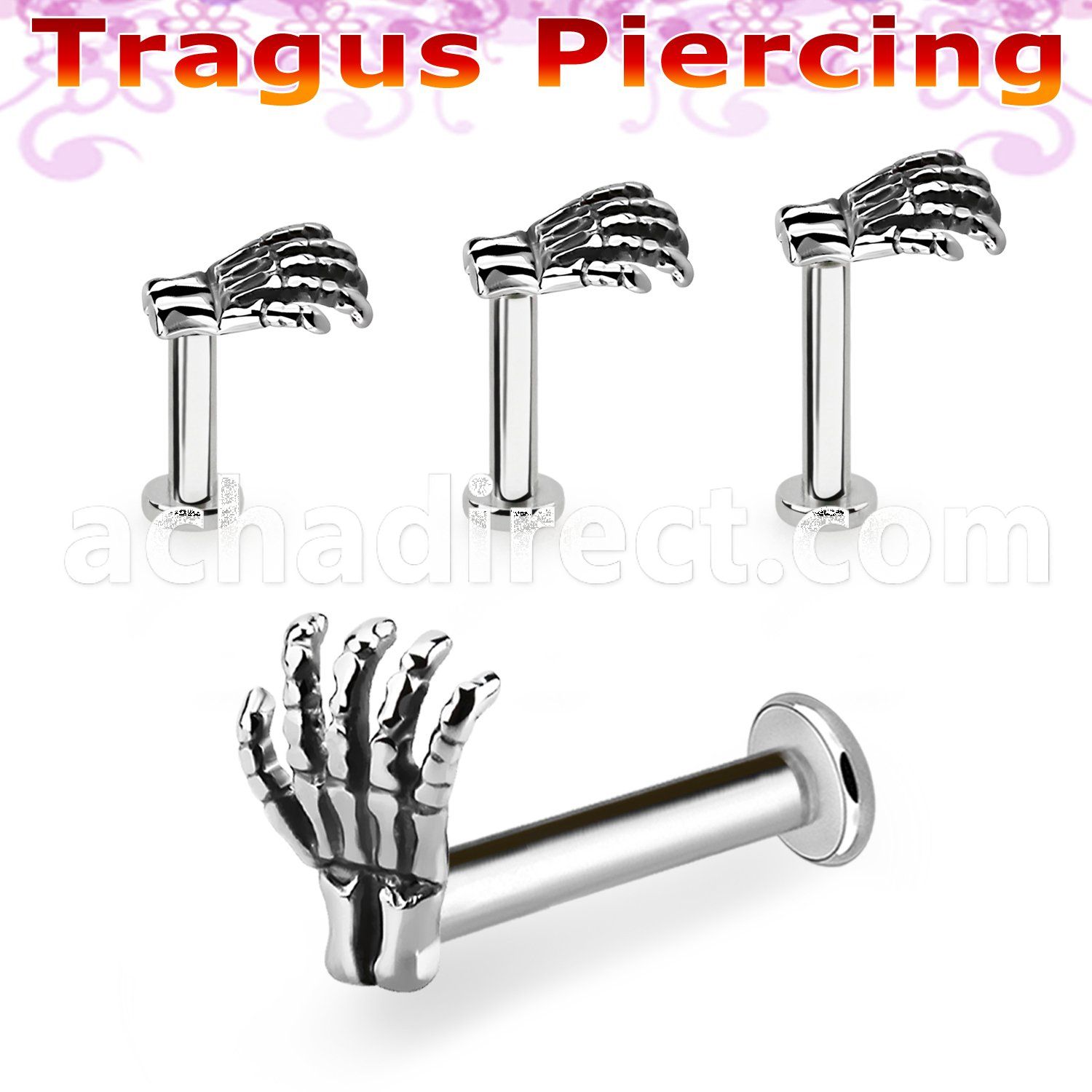 tlbskhd 316l steel tragus labret 16g casted steel skeleton hand