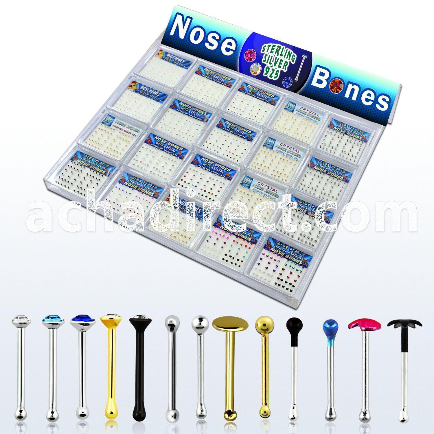 tranb3 tray w 1040 pcs of silver nose bones w glued crystals