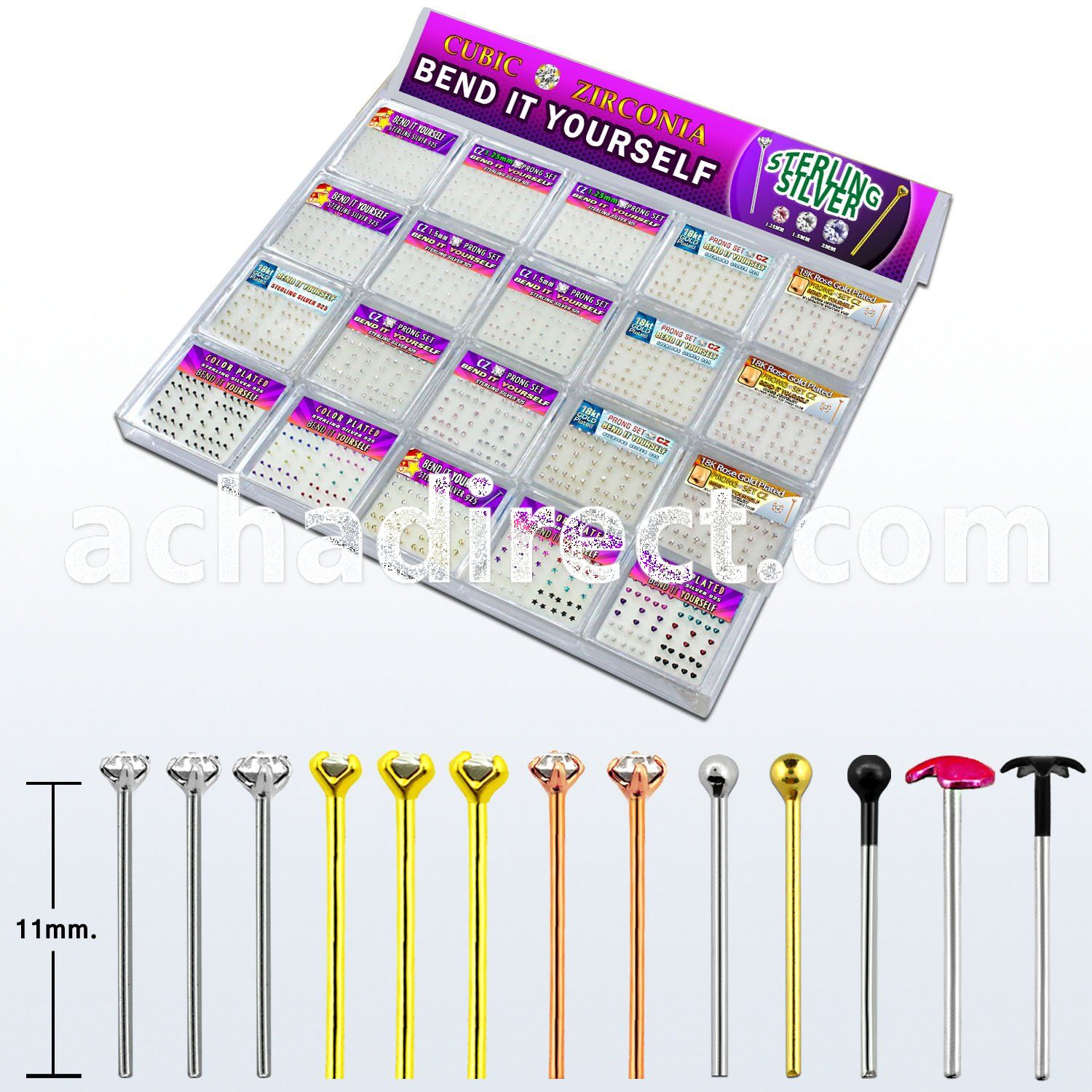 trany2 tray w 1040 pcs of silver bend it nose studs w cz tops