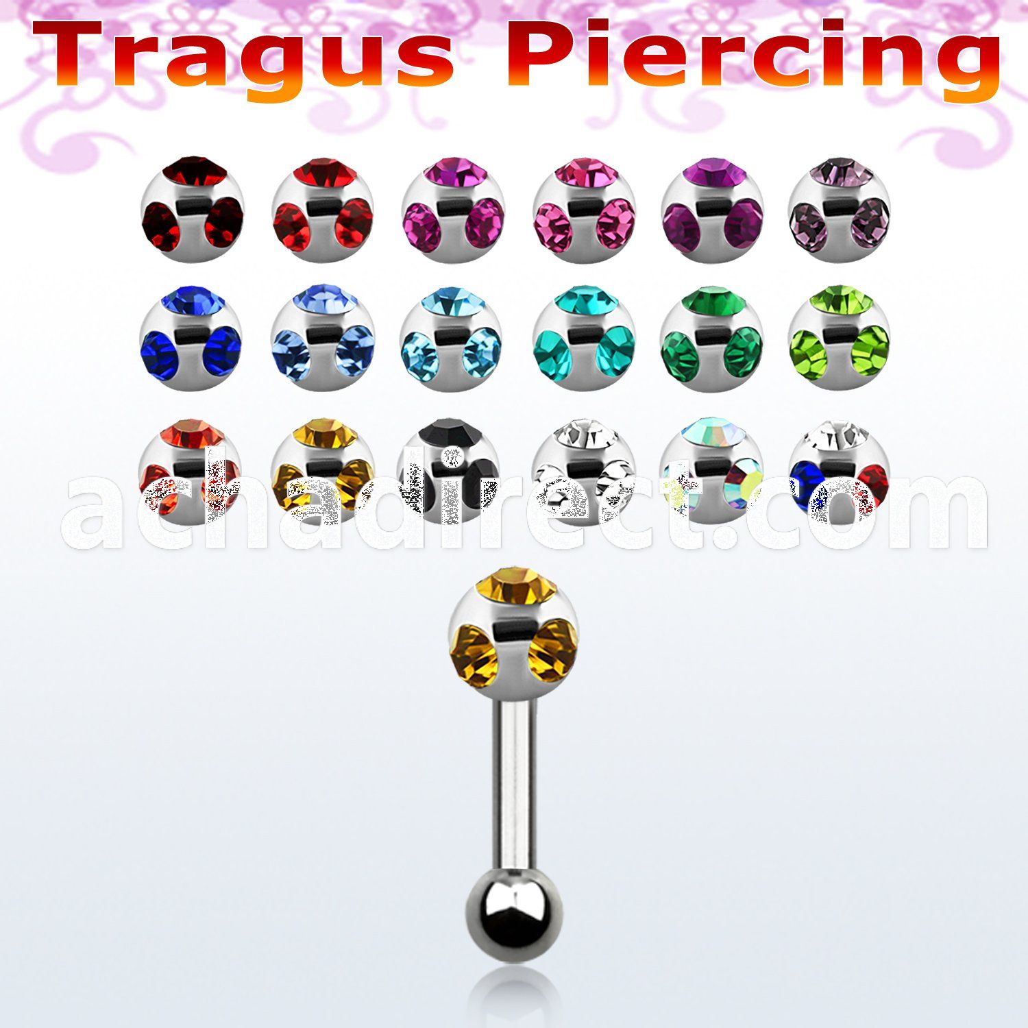 trg10 316l steel tragus piercing w multi jewel ball ball