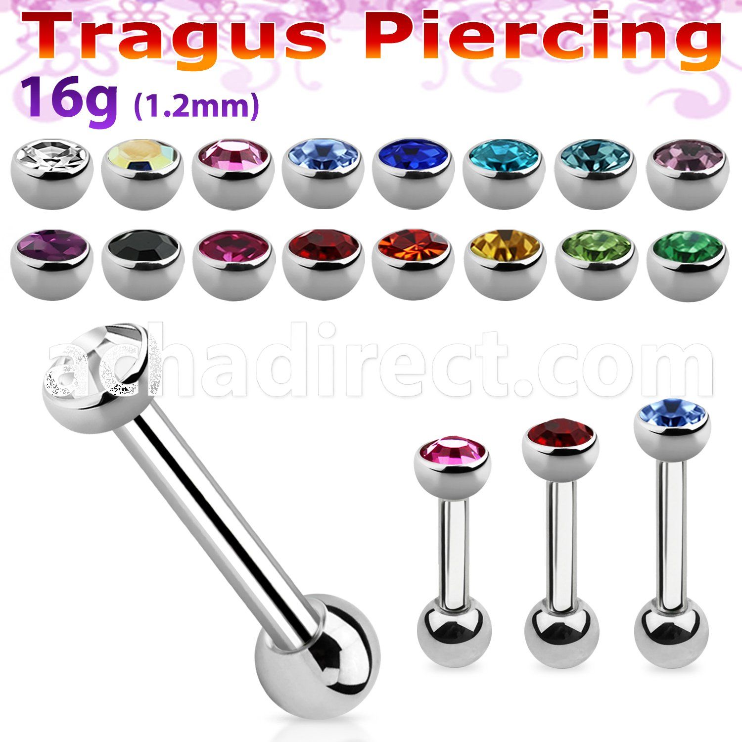 trg13 316l steel tragus piercing w steel crystal half ball