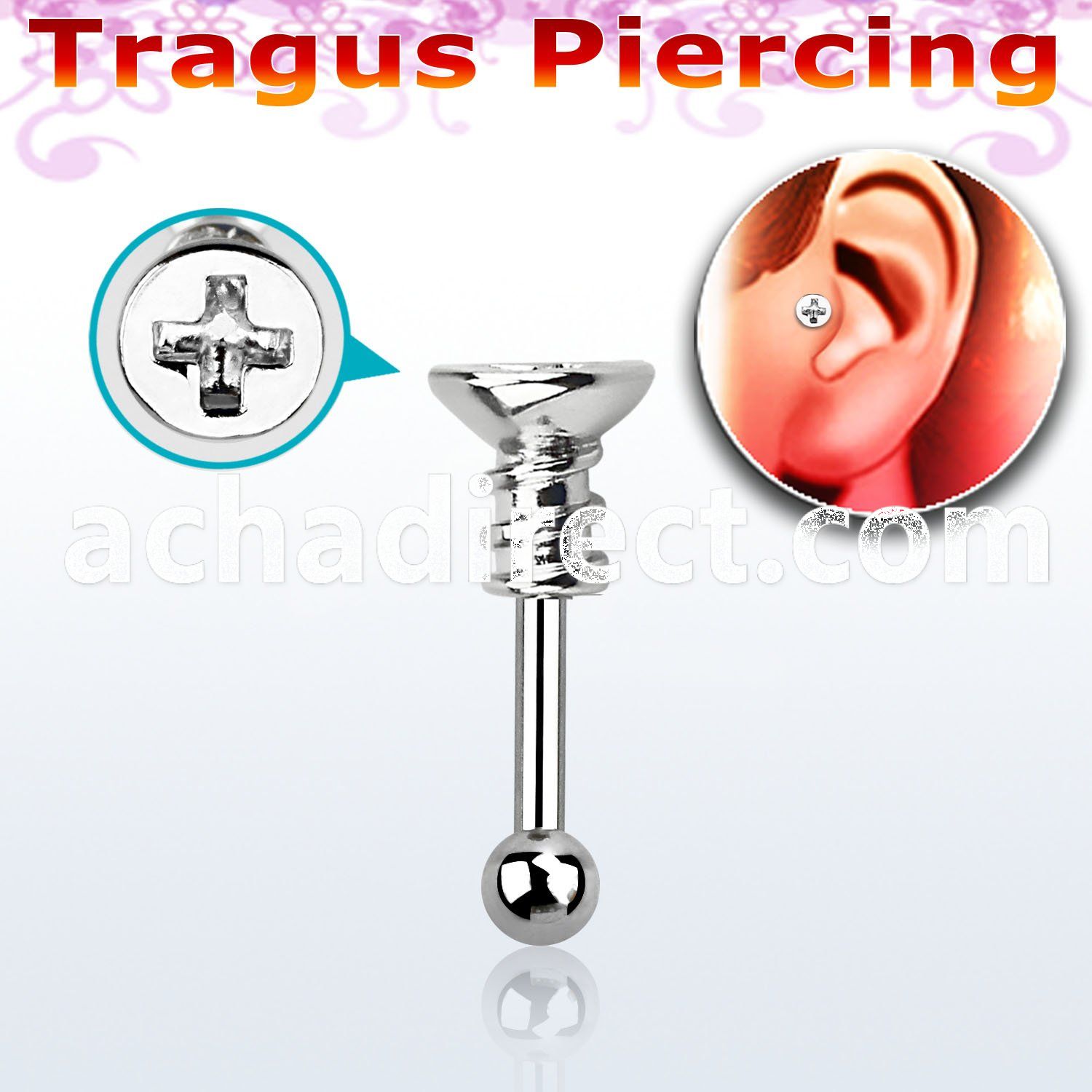 trg14 316l steel tragus piercing w cross screw closure ball