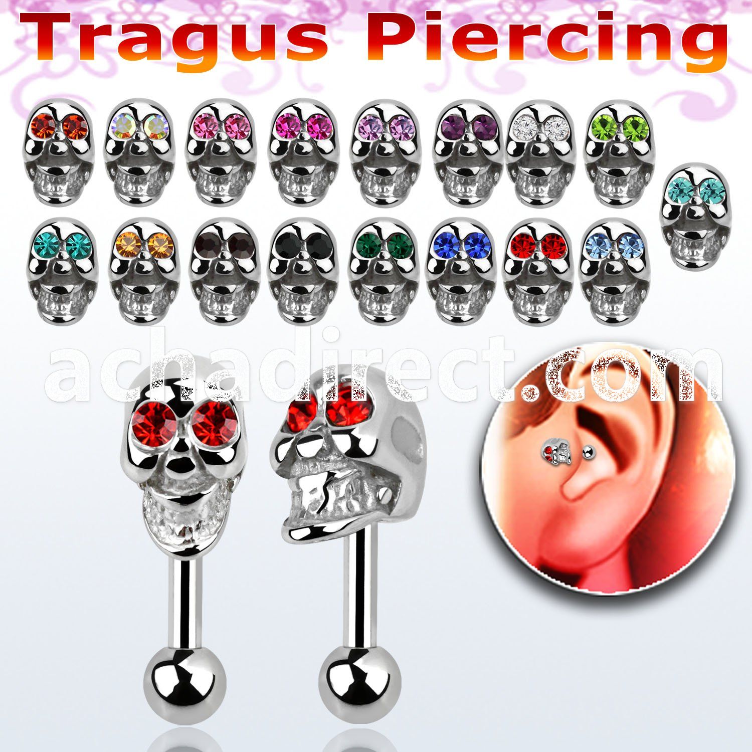 trg24b steel tragus piercing with crystal skull closure ball