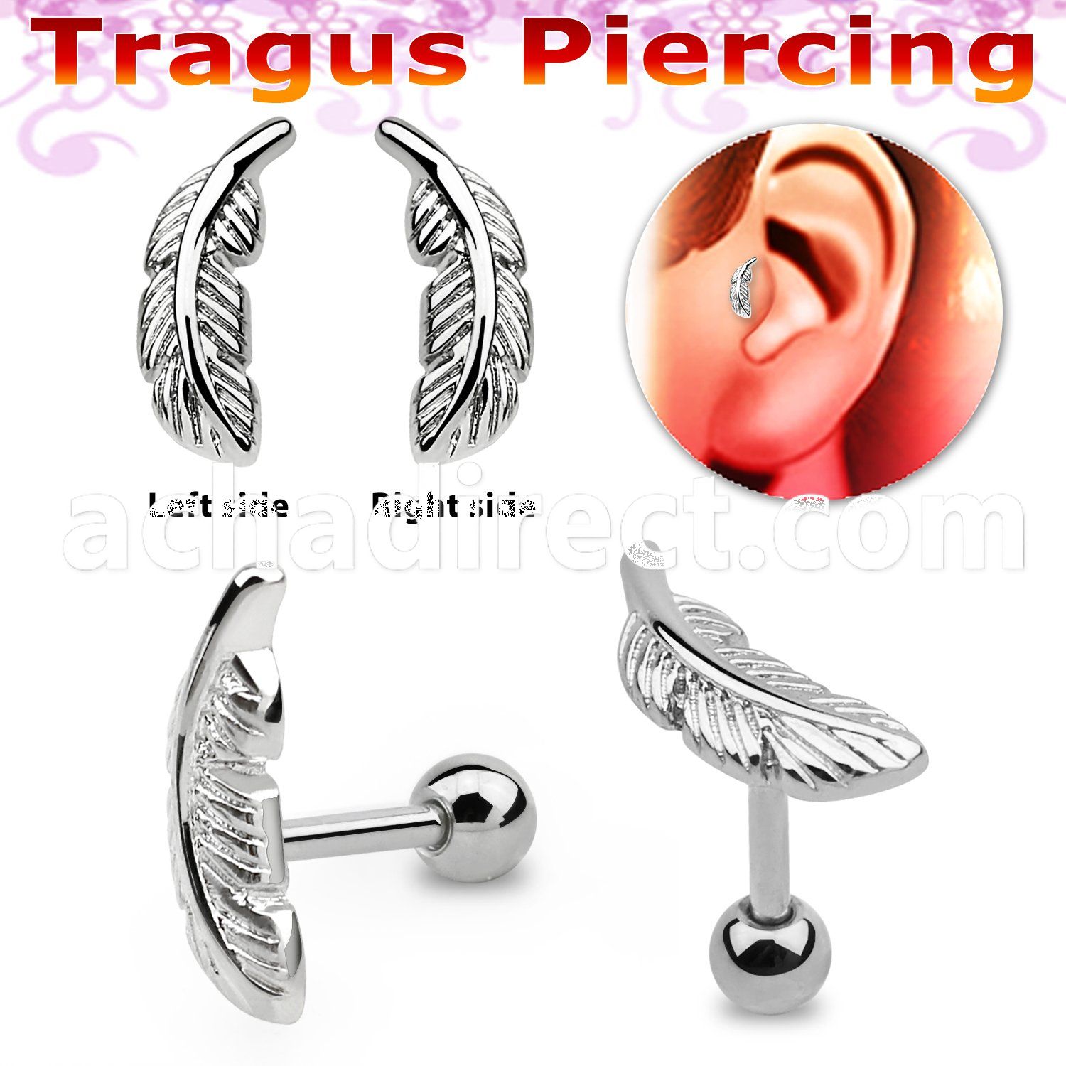 trg2918 316l steel tragus piercing w feather shaped top 18g 1mm