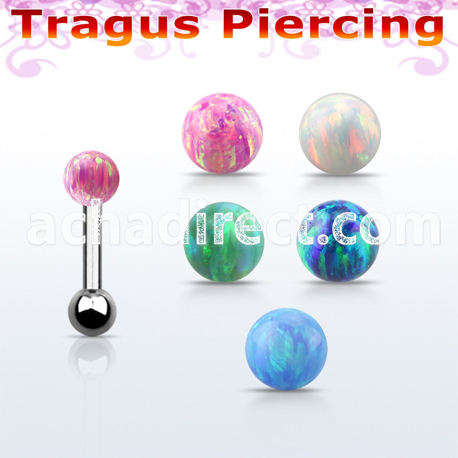 trg33 steel tragus piercing w 4mm synthetic opal top ball