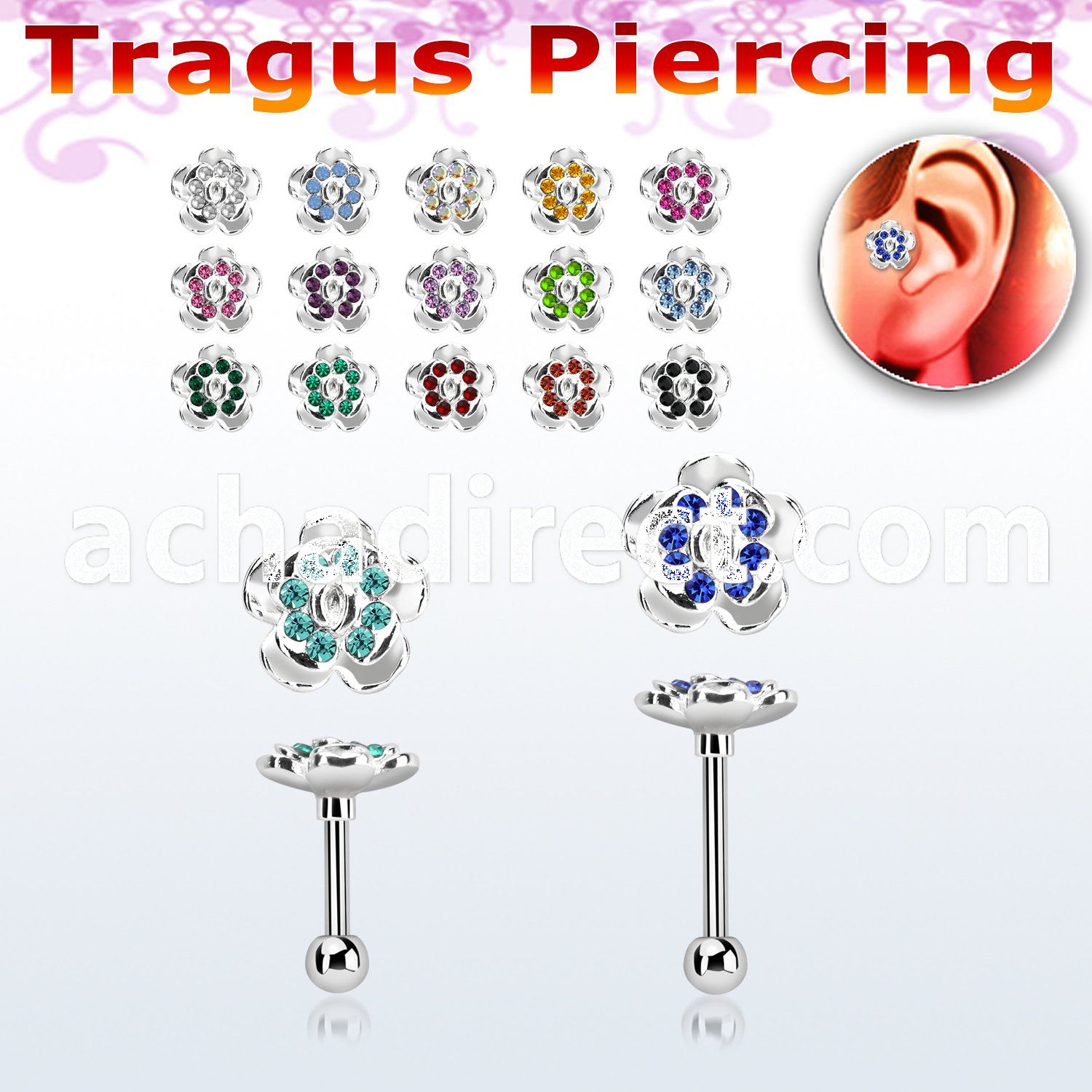 trg38 steel tragus piercing barbell w crystal flower top part