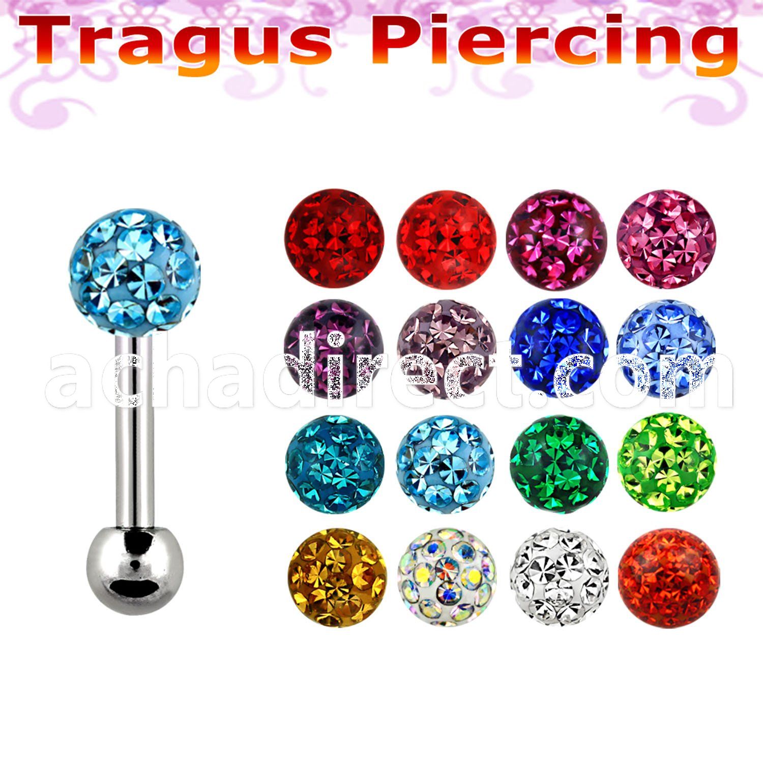 trg8 316l steel tragus piercing w multi crystal ball ball