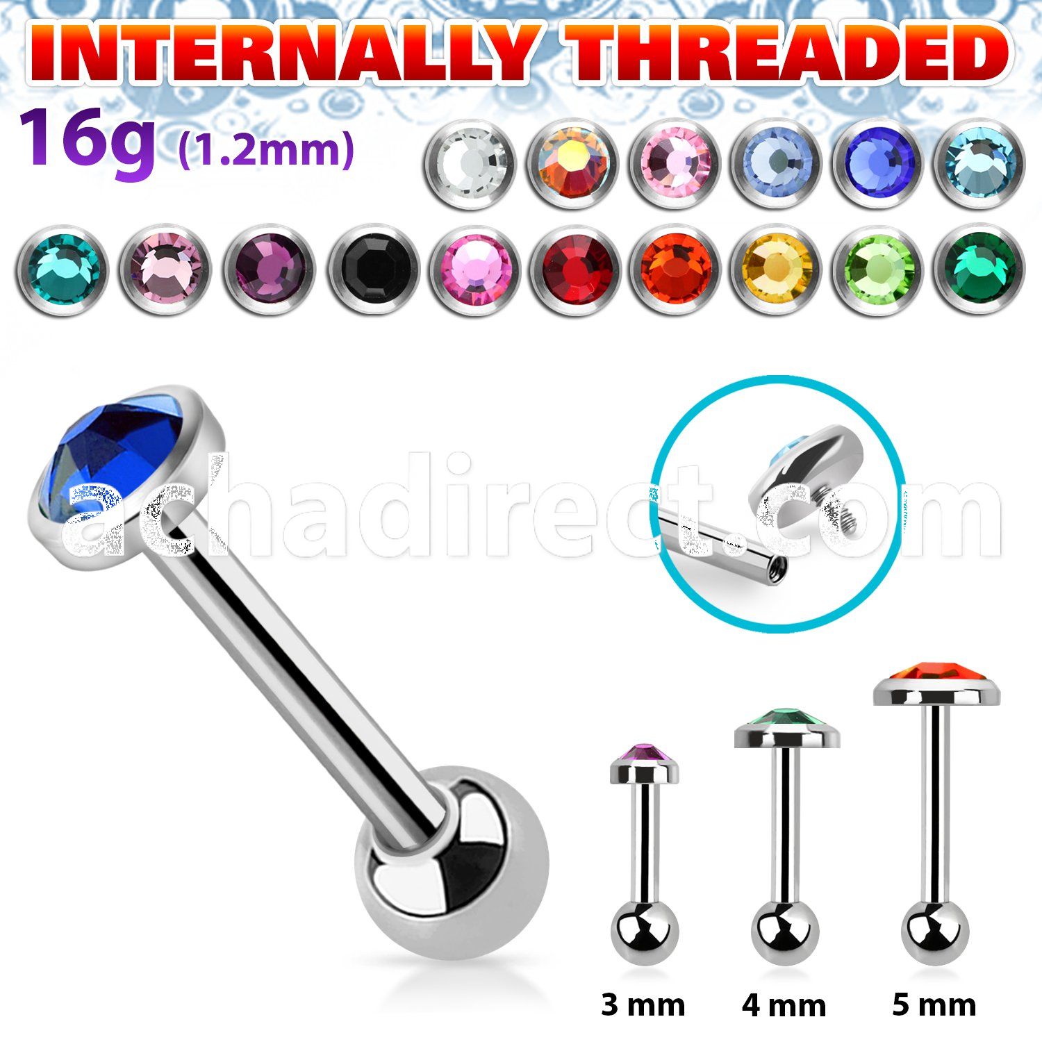 trgfb steel tragus barbell w crystal flat head sized 3mm  5mm