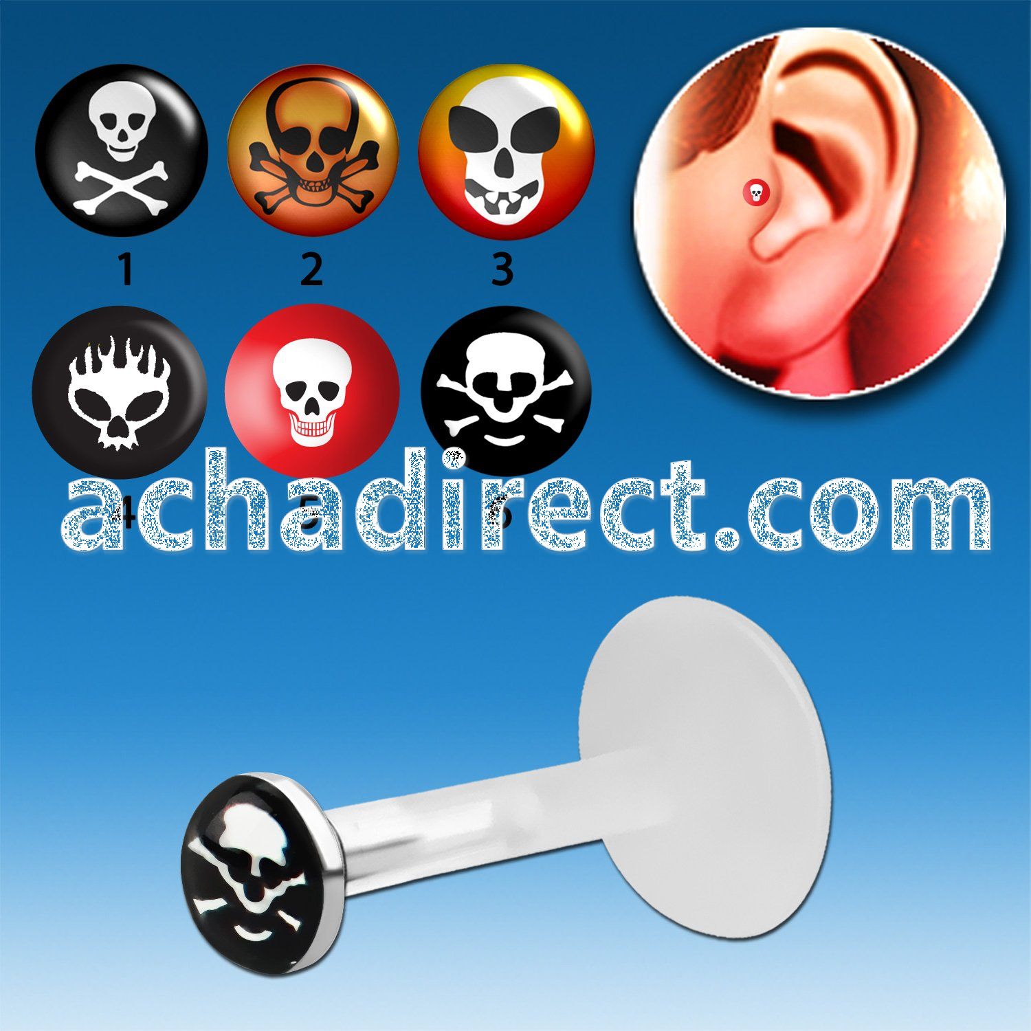 trgl7 bioflex tragus piercing w push in skull logo silver top