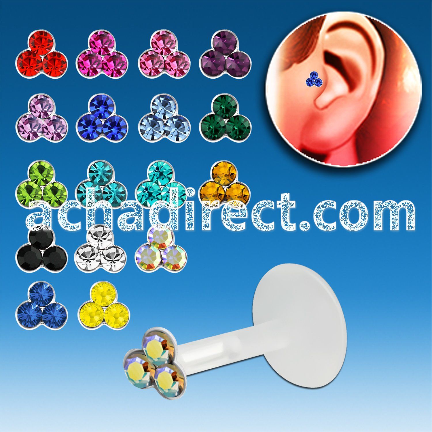 trgs10 bioflex tragus piercing w a silver triple crystal top