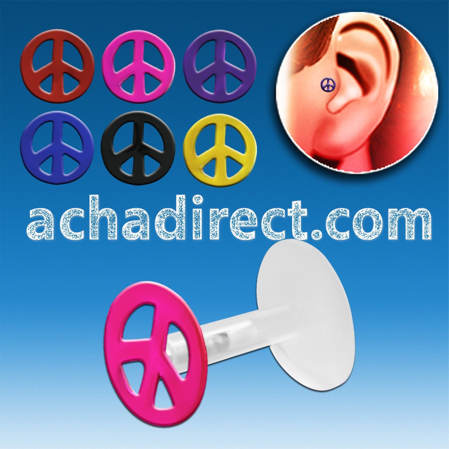 trgs14 bioflex tragus piercing w color peace sign silver top