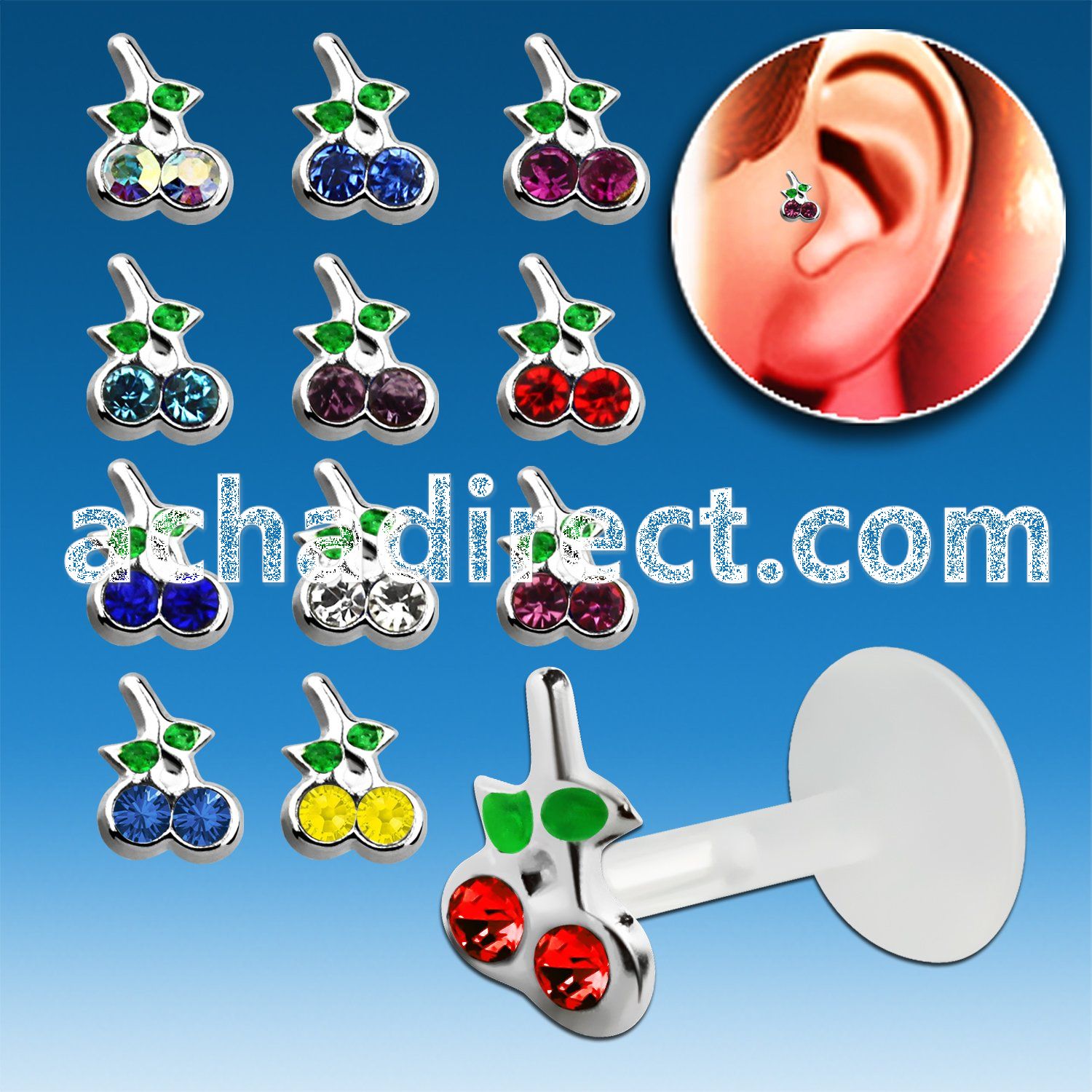 trgs2 bioflex tragus piercing w a silver cherry top w crystals