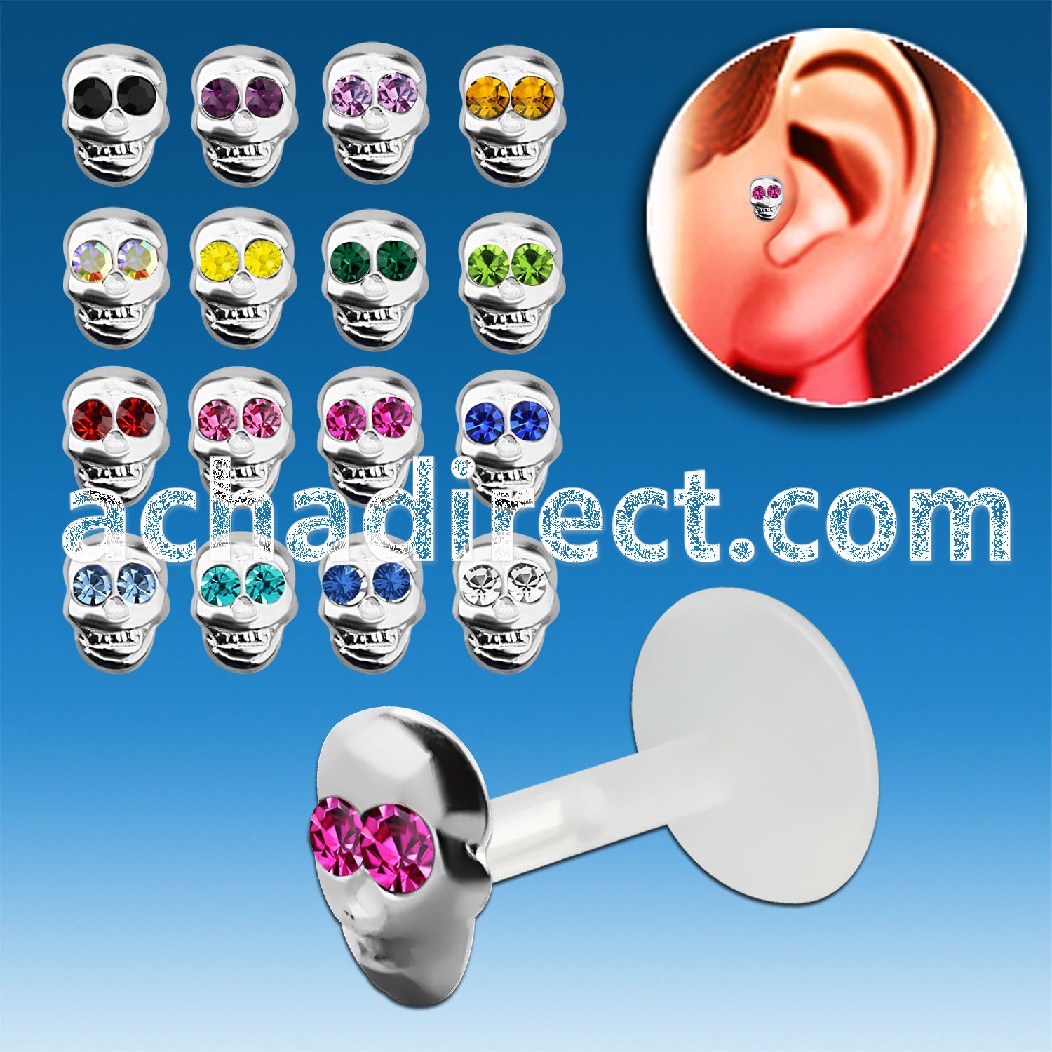 trgs9 bioflex tragus piercing w skull w crystals silver top