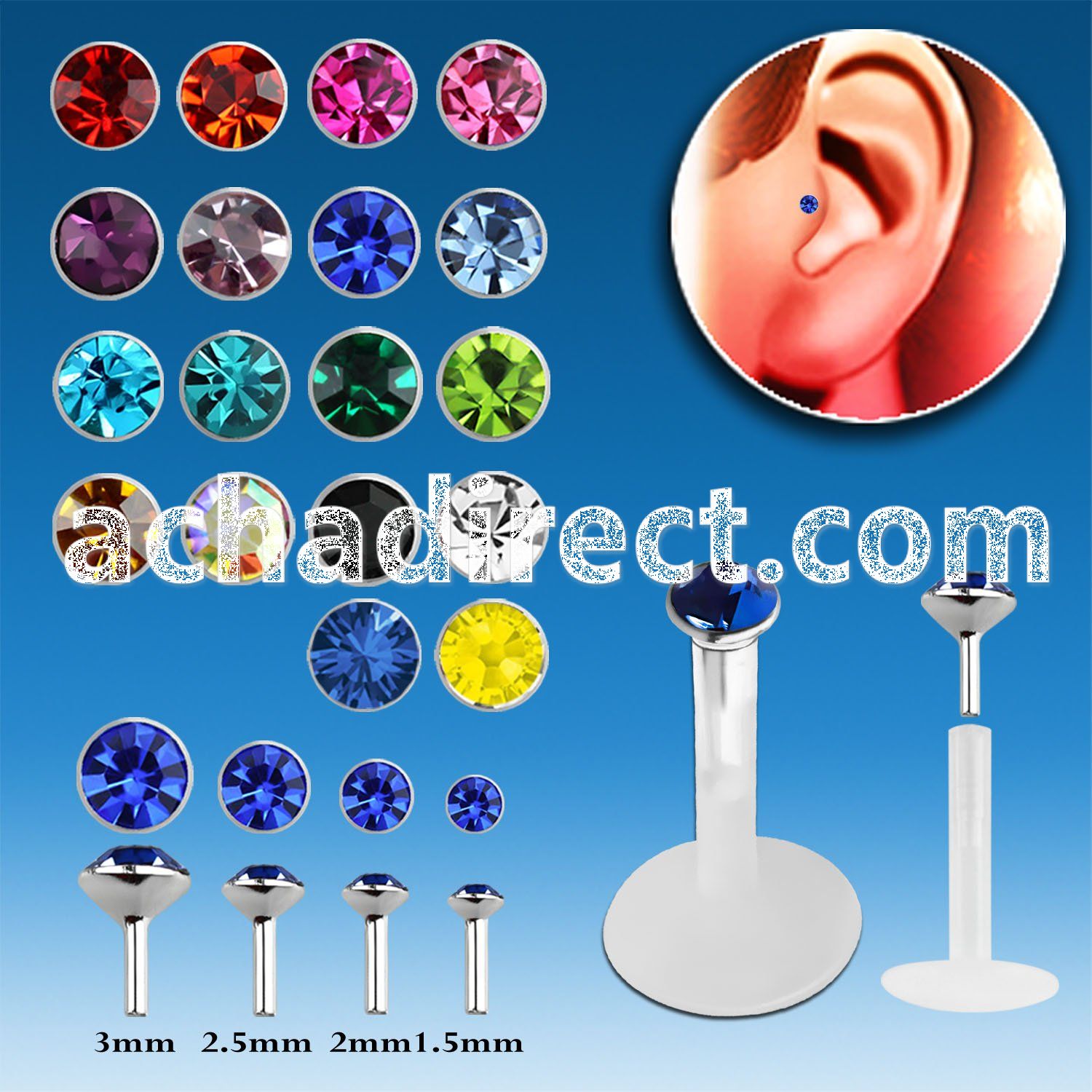 trgs bioflex tragus piercing w silver top 1 5mm 3mm crystal
