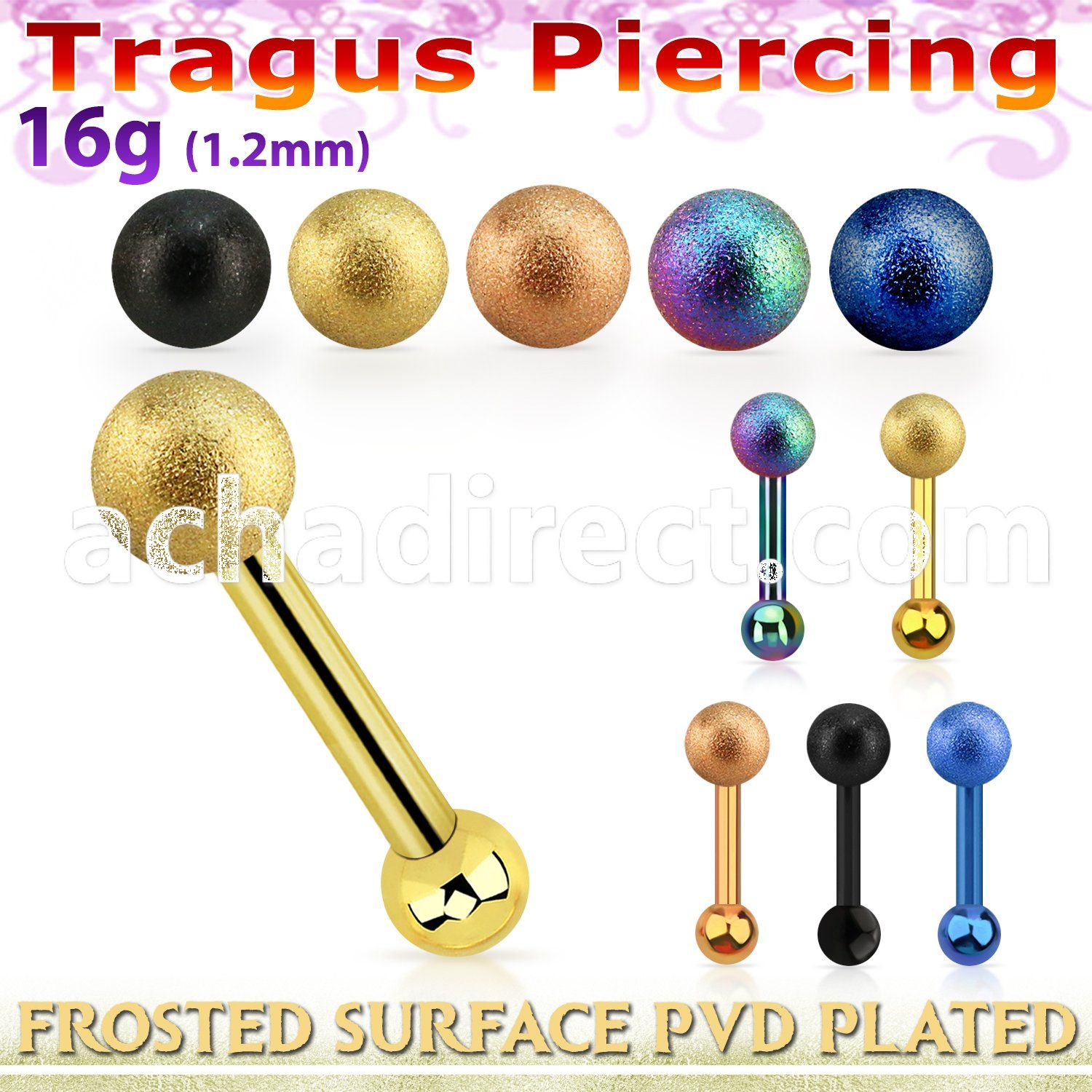 trgt35 pvd plated steel tragus piercing 4mm frosted steel ball