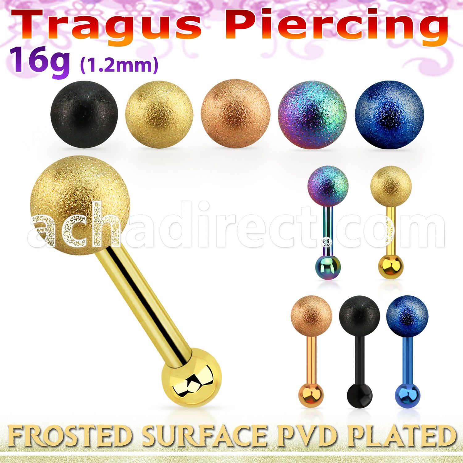 trgt38 pvd plated steel tragus barbell w 5mm frosted top ball