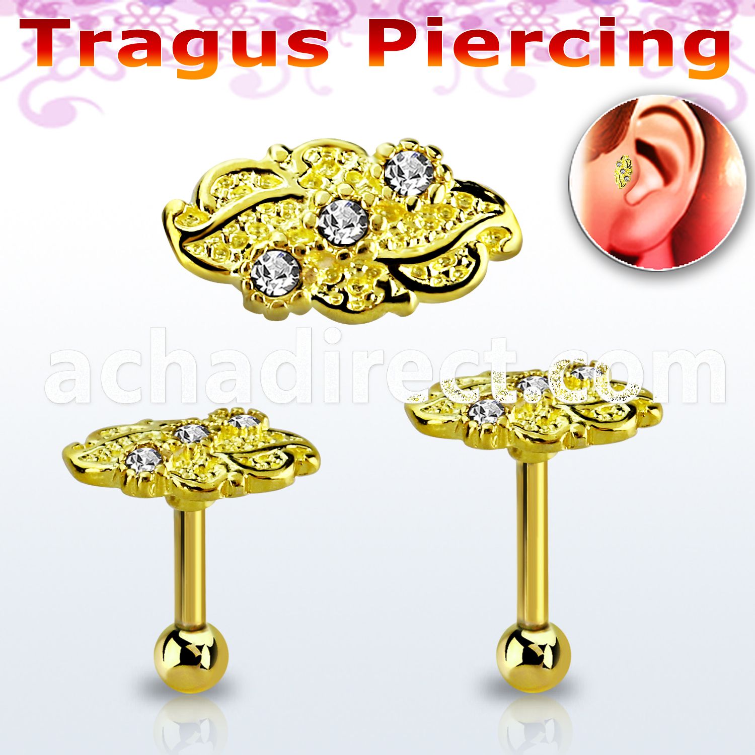 trgt40 gold 316l steel tragus piercing 16g w leaf top w crystal