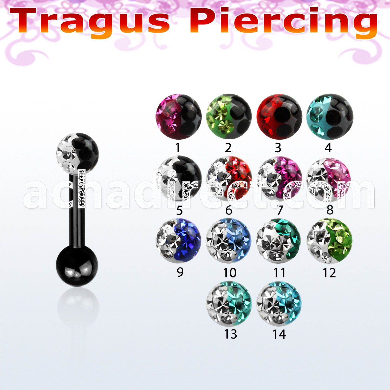trgt7e anodized 316l steel tragus piercing w 2 color ball