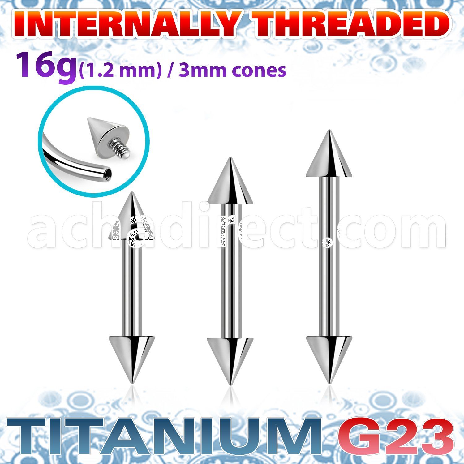ubbecn3i titanium g23 internal barbell 3mm cones