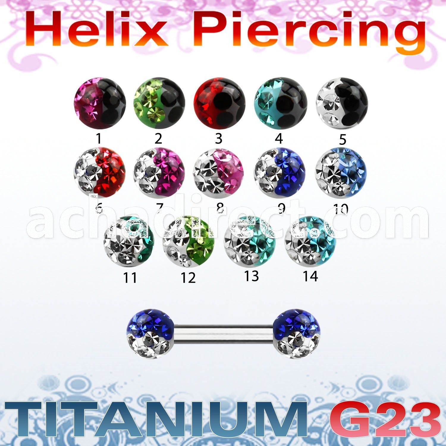 ubber23e titanium g23 helix eyebrow barbell w 3mm 2 color balls