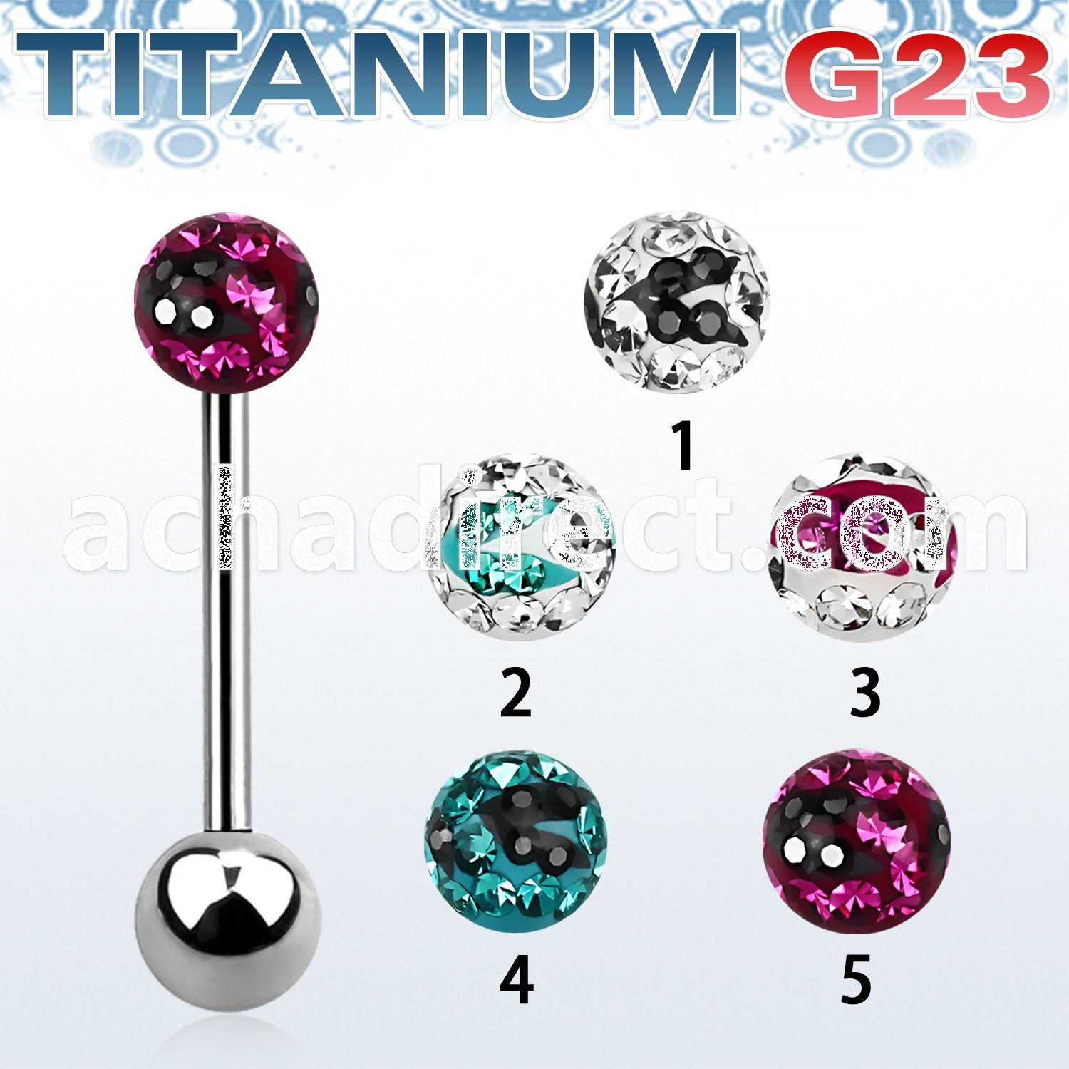 ubbfr5c titanium tongue barbell w a 5mm zebra multi crystal ball