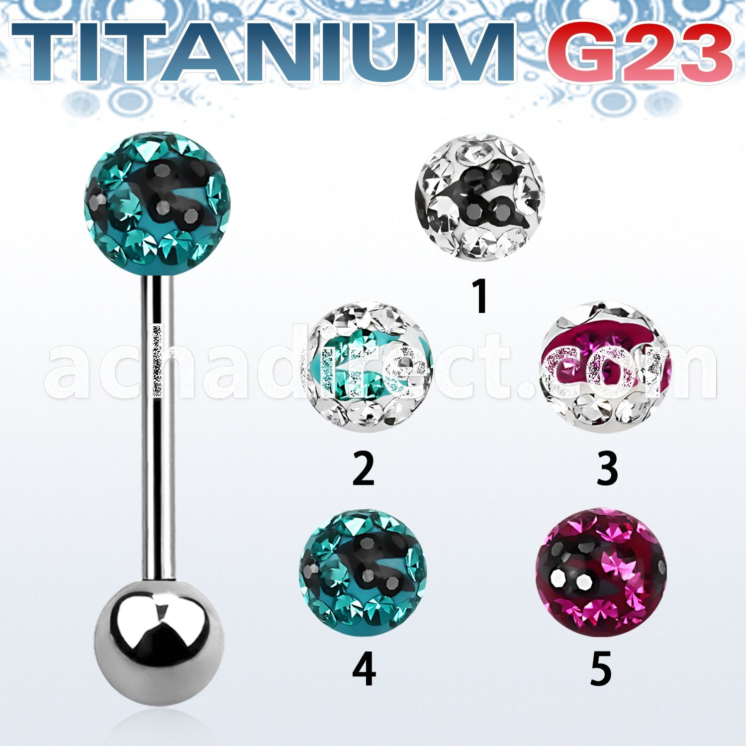 ubbfr6c titanium tongue barbell w a 6mm zebra multi crystal ball