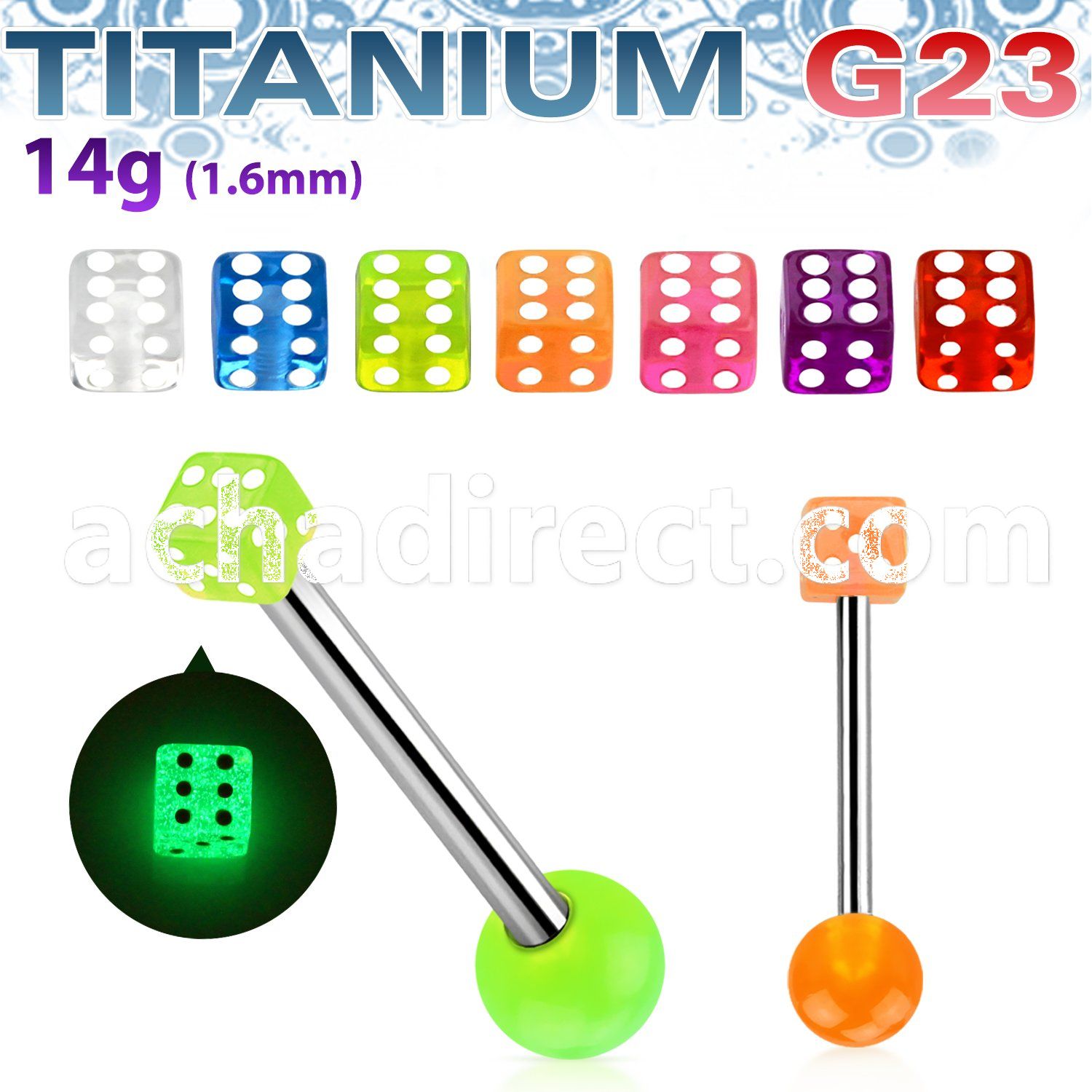 ubbgld titanium g23 barbell tongue bar with acrylic glow dice