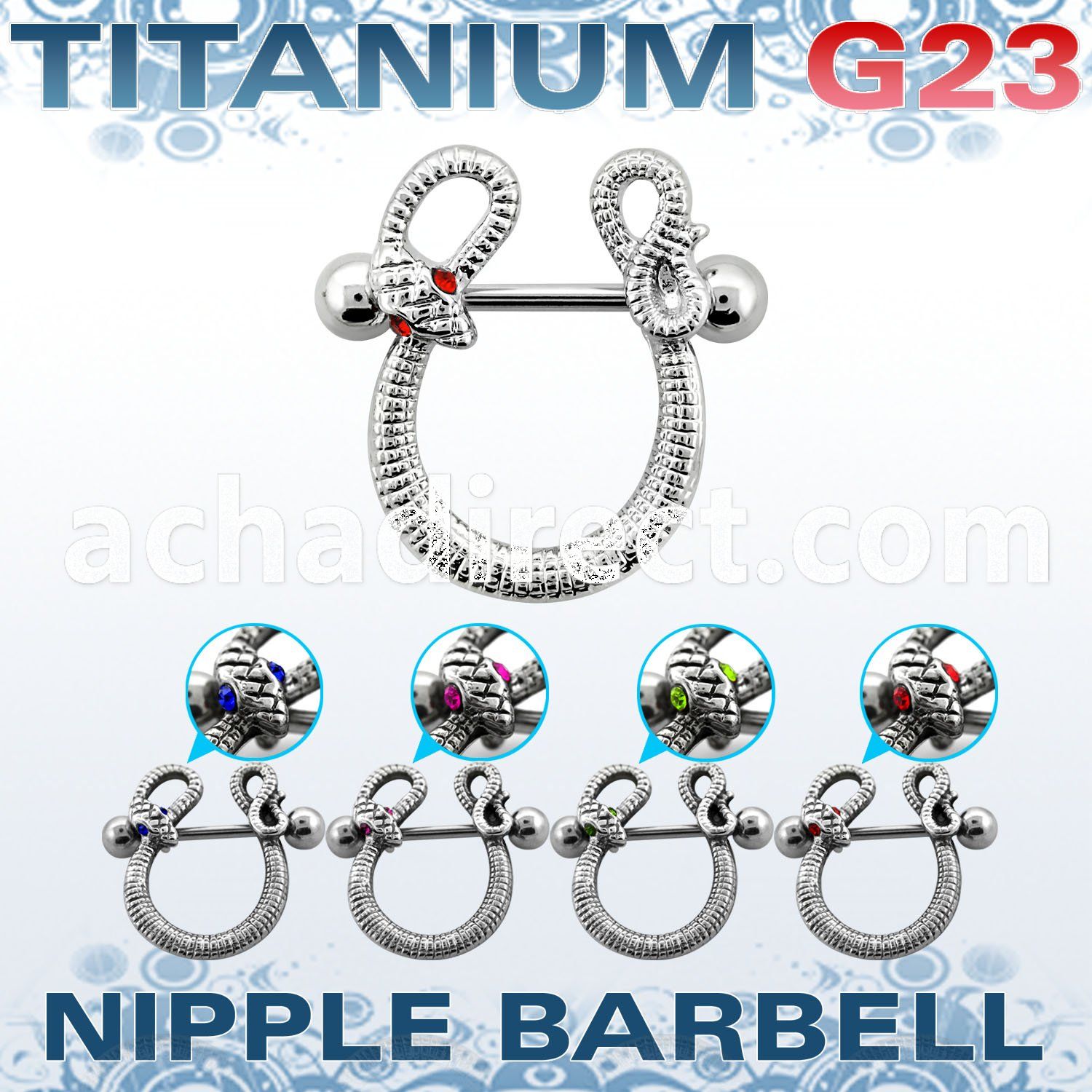 ubbnpd8 titanium g23 nipple barbell with snake w crystal eyes