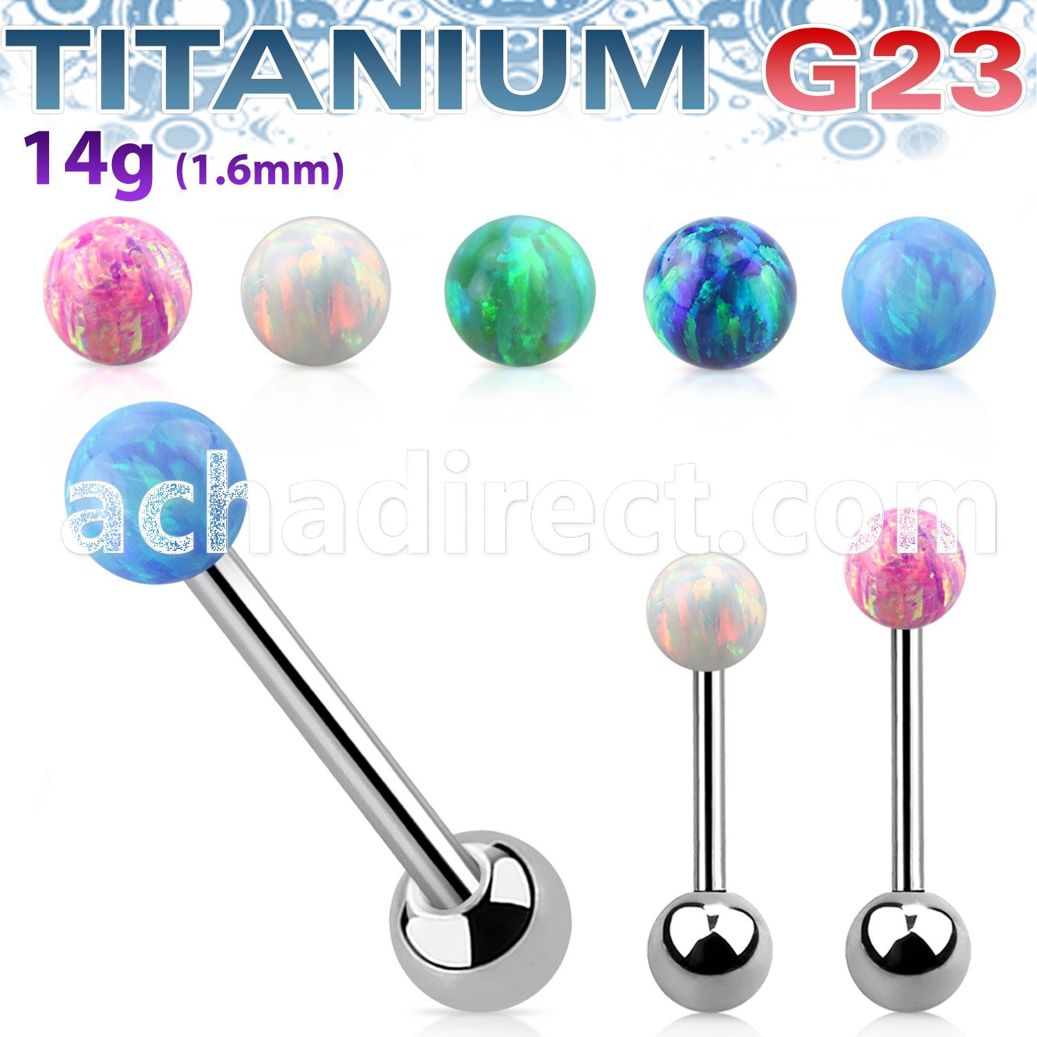 ubbop6 titanium g23 tongue barbell w 6mm synthetic opal ball