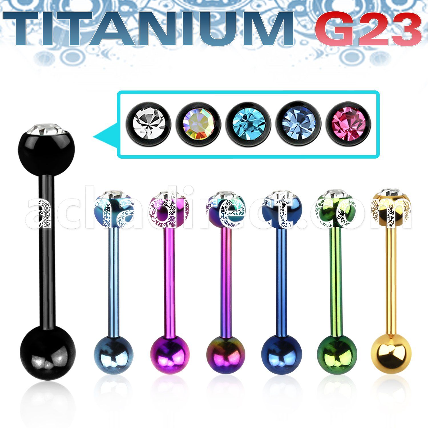 ubbtc titanium g23 tongue barbell w 6mm jewel steel ball