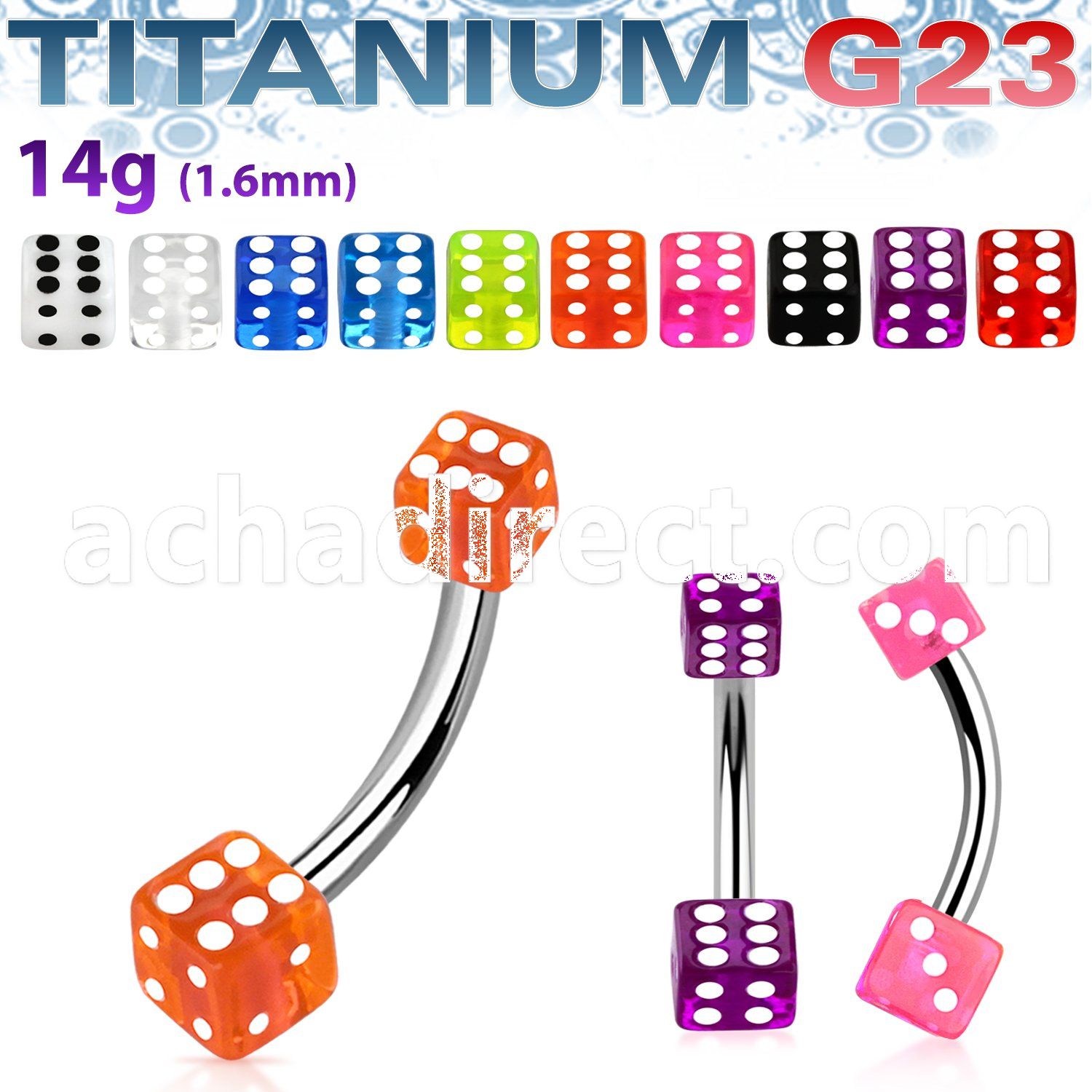 ubn2vd titanium g23 4 5mm banana belly ring with two uv dice