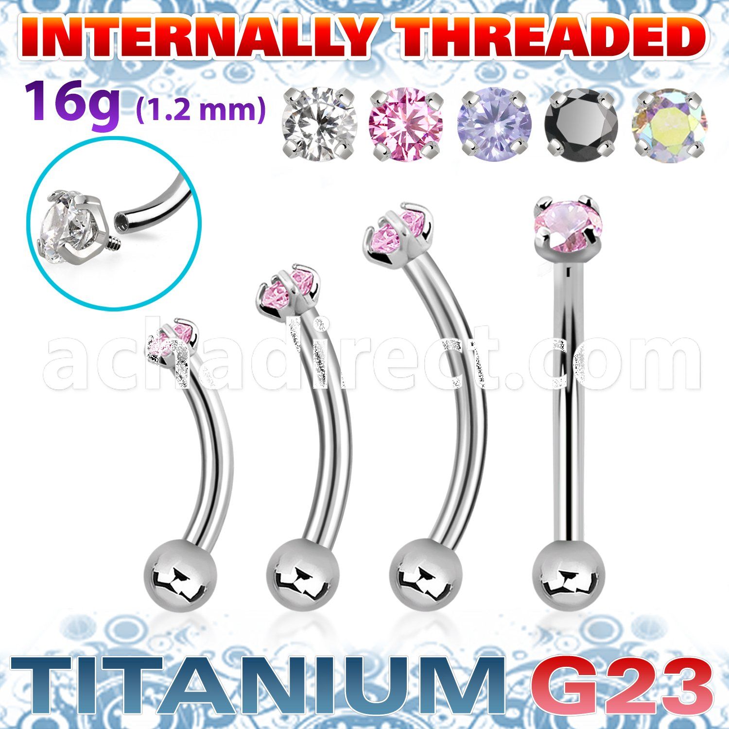 ubnbin12 titanium g23 banana 16g round cz ball internal
