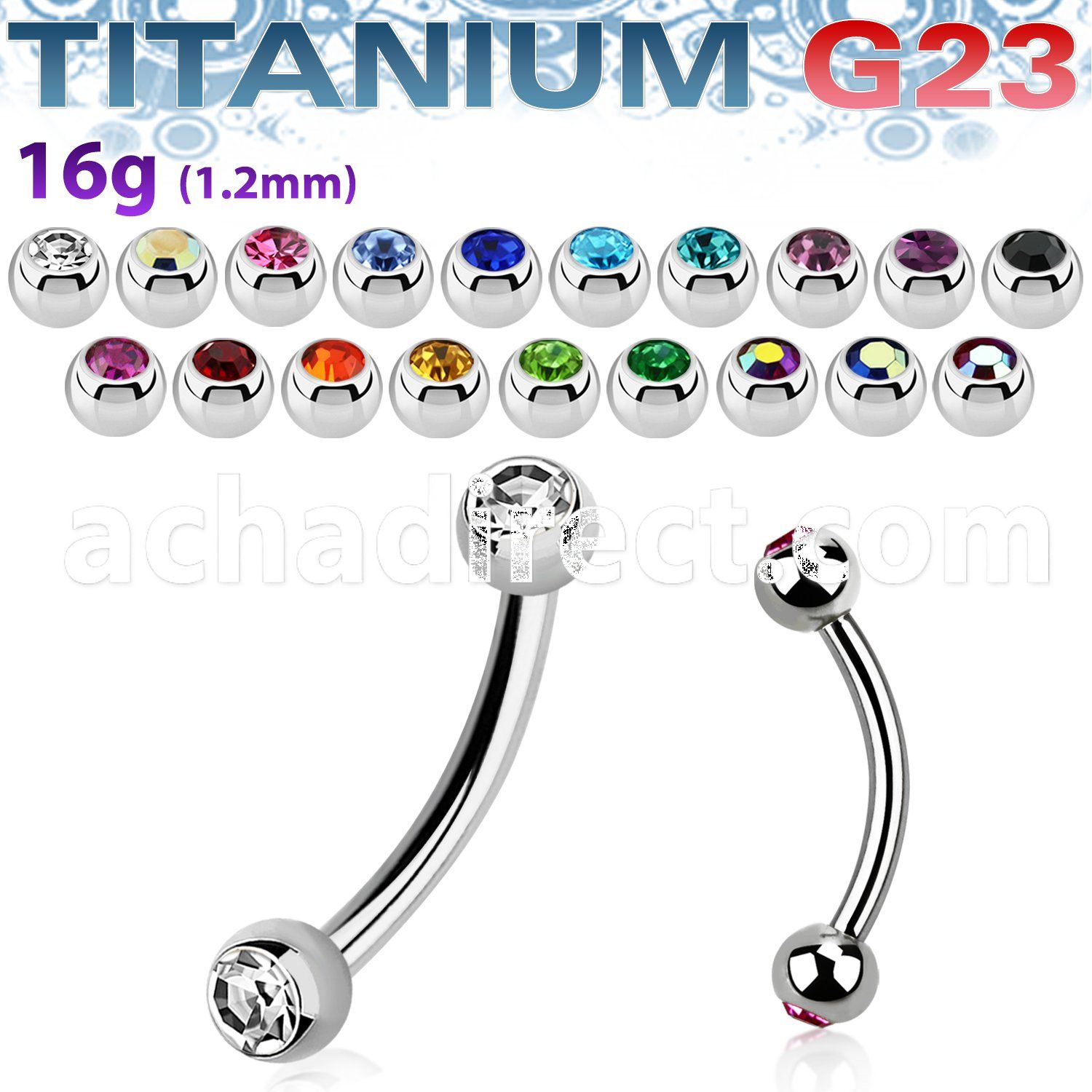 ubne2c titanium g23 eyebrow banana with 3mm bezel jewel balls