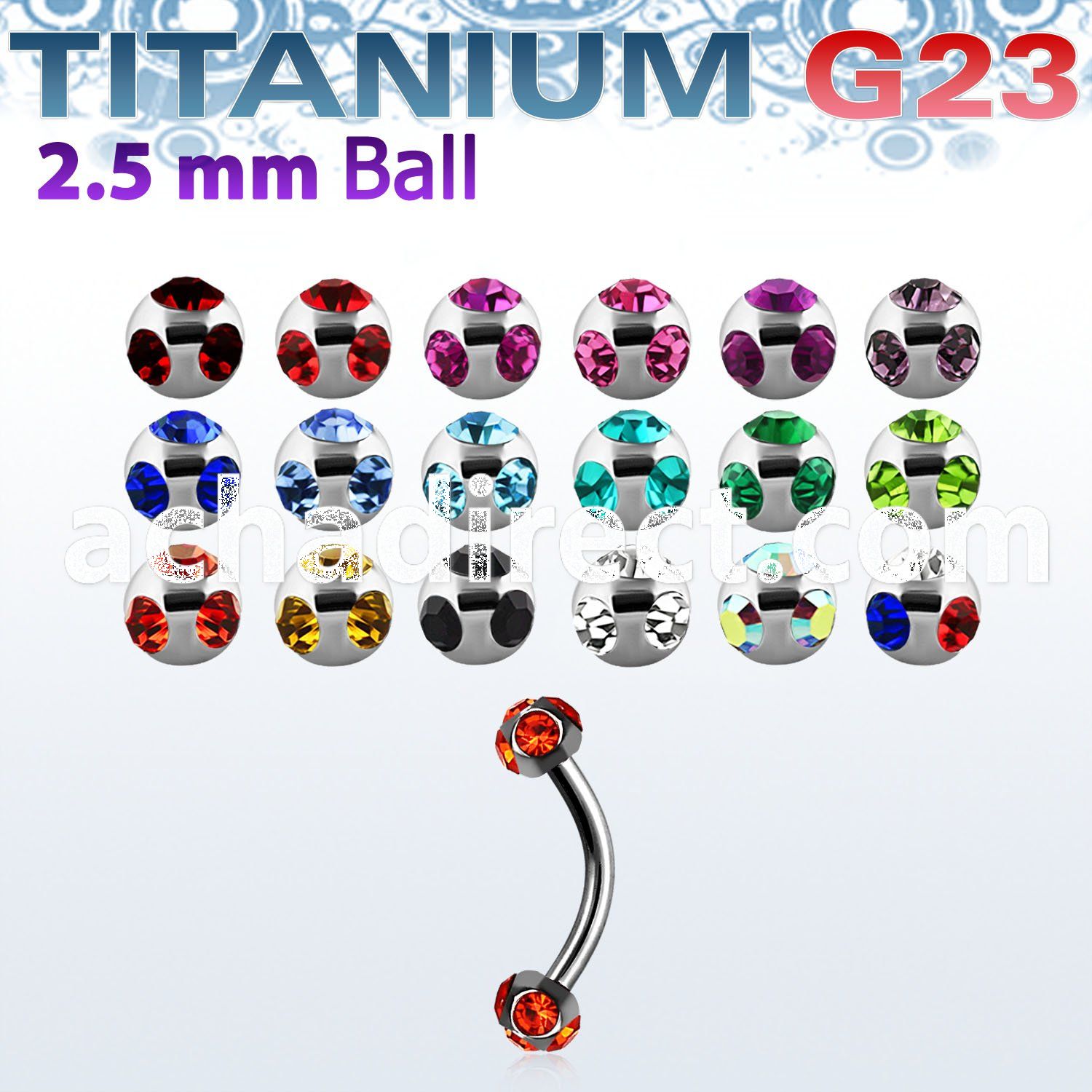 ubnemj25 titanium g23 circular barbell w 2 5mm multi jewel ball