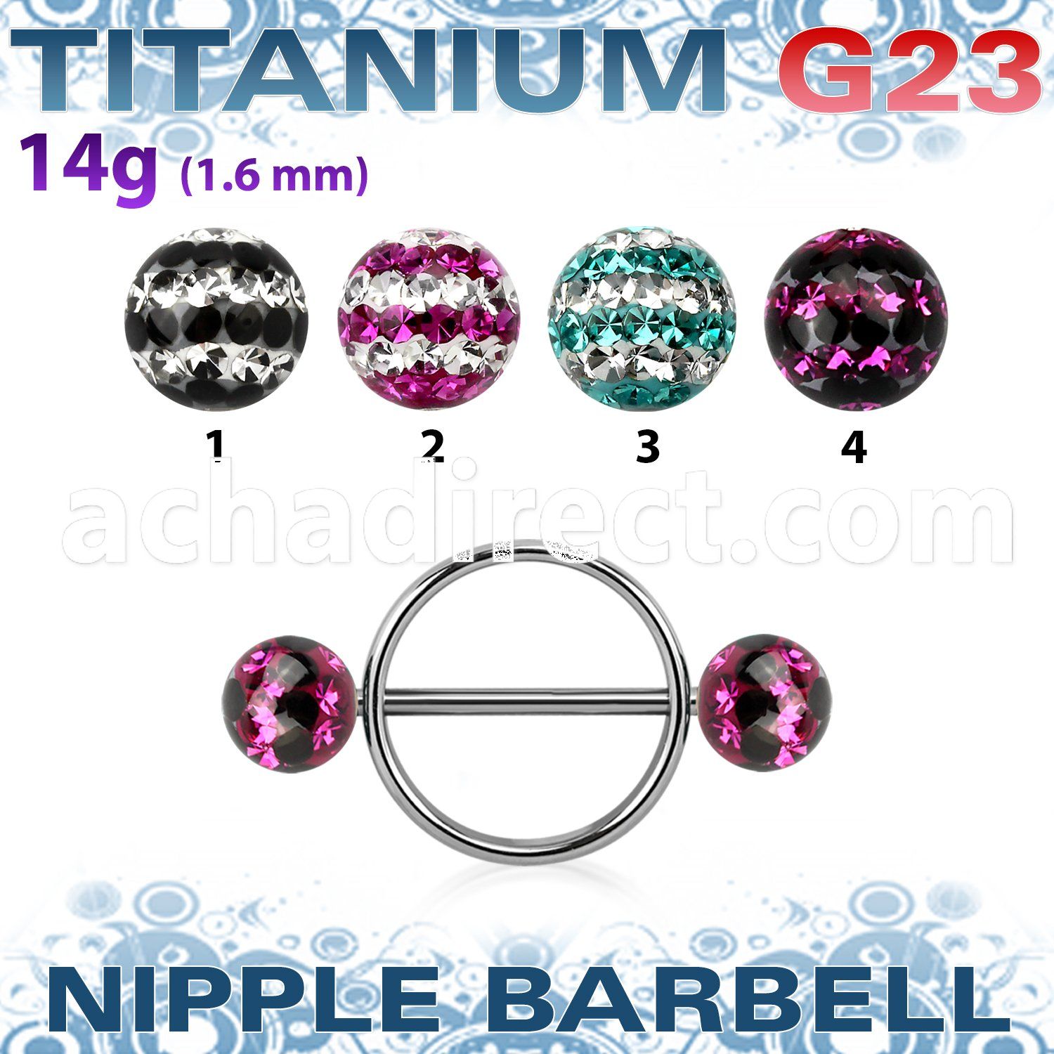udfnpe8 nipple shield w titanium bar w 2 8mm multi crystal balls