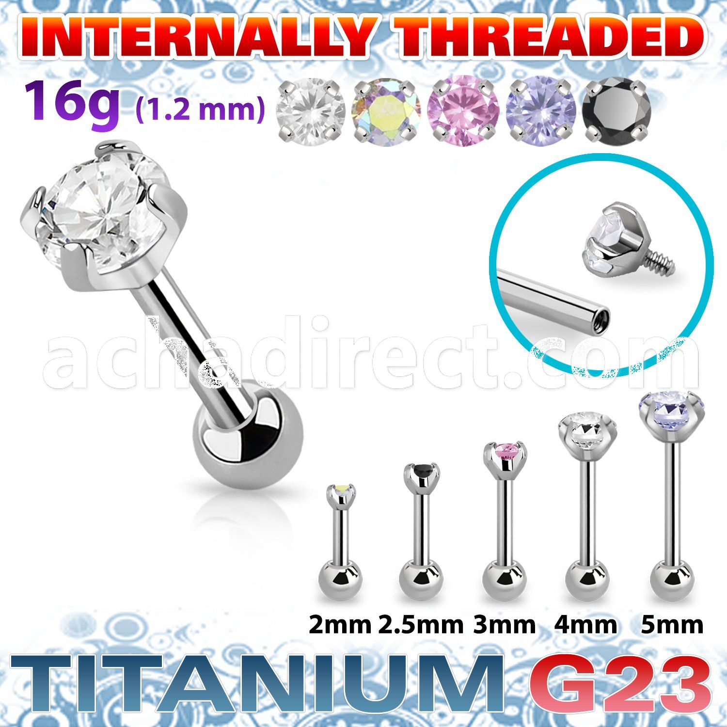 uhein12 titanium g23 internally threaded barbell 3 5 color cz
