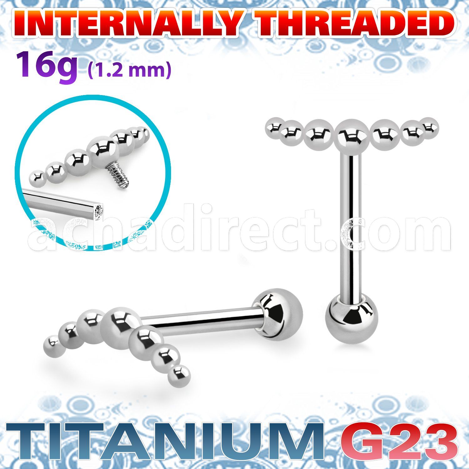 uhein15 titanium g23 barbell 16g beads and ball internal