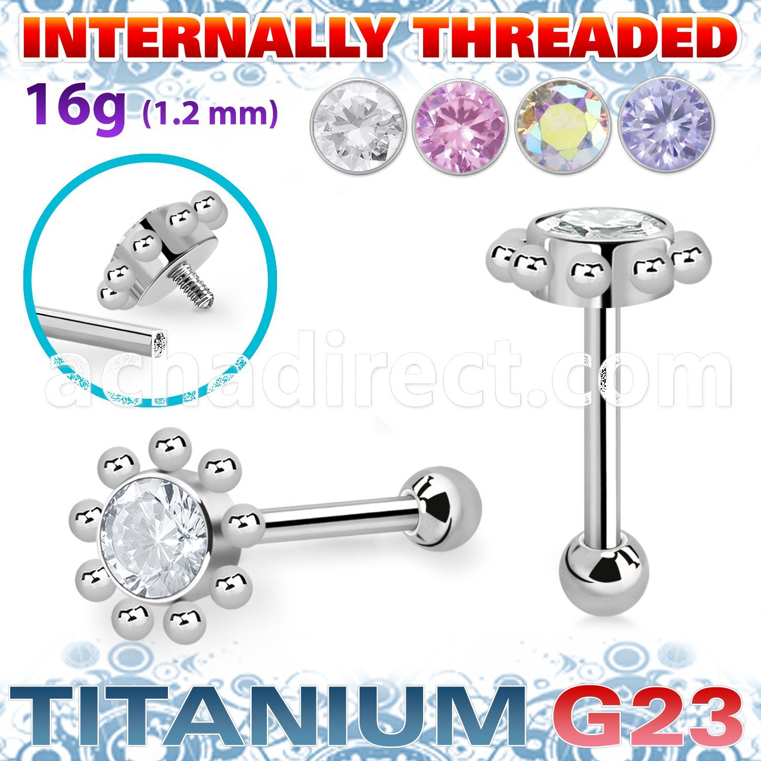 uhein16 titanium g23 barbell flower top lower ball internal