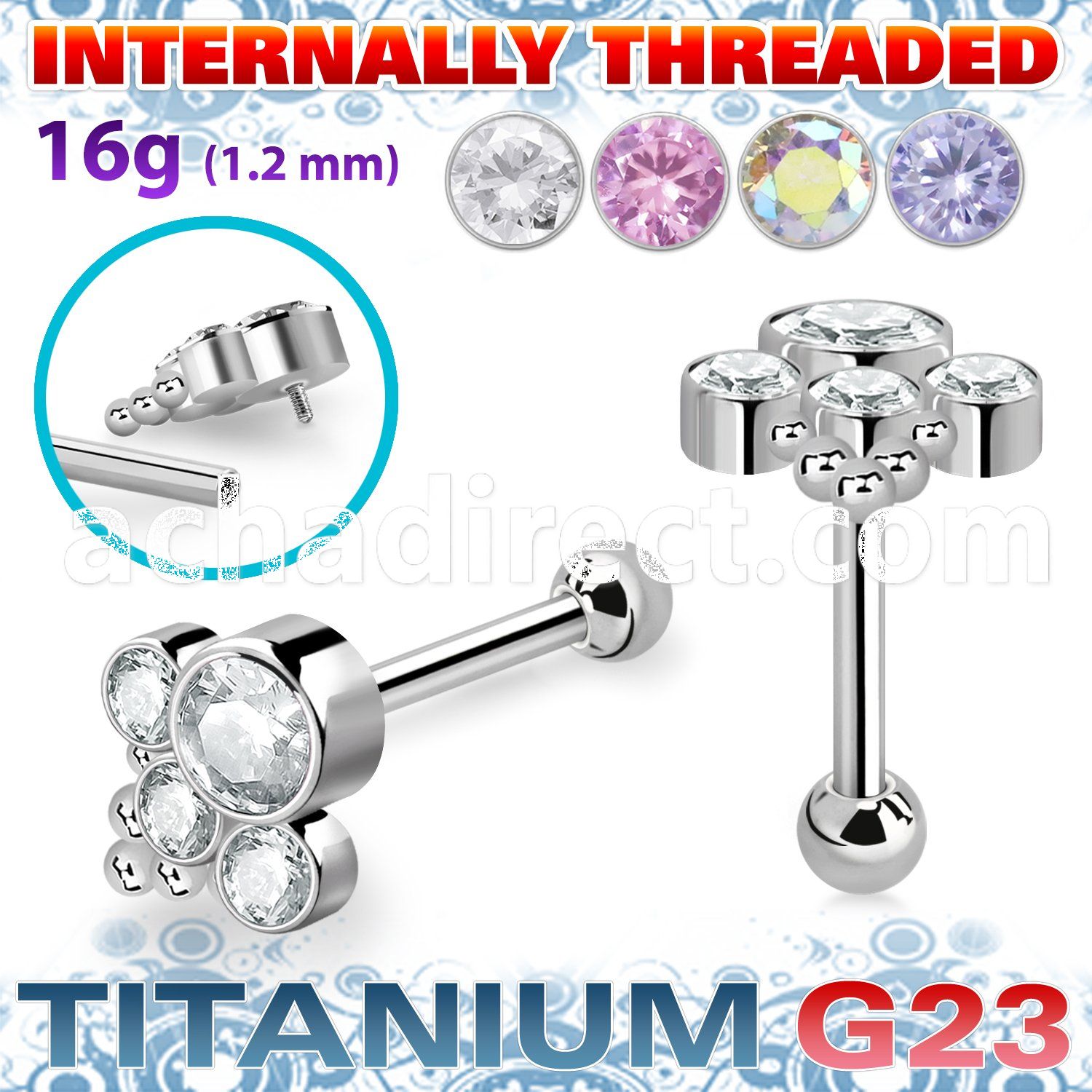 uhein17 titanium g23 barbell bohemian top cz ball internal