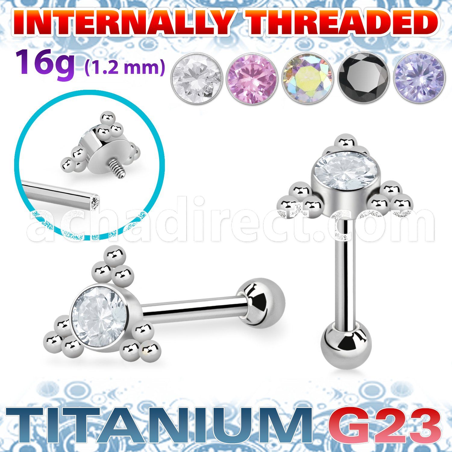 uhein7 titanium g23 internally threaded barbell round cz
