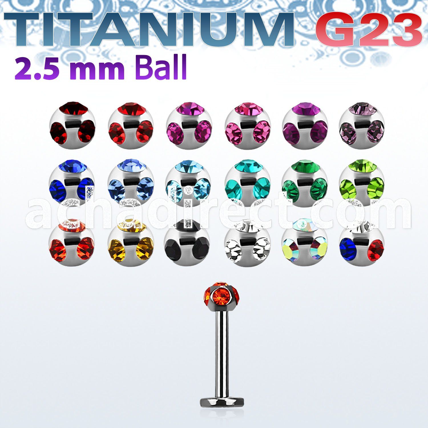 ulbca25 titanium g23 labret with two 2 5 mm multi jewel balls